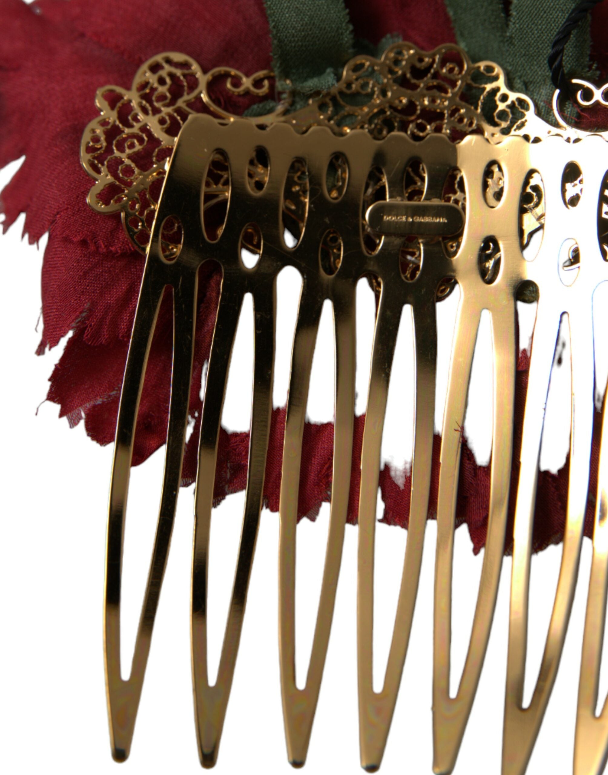 Red Silk Floral Gold Brass Women Hair Comb - ventzia