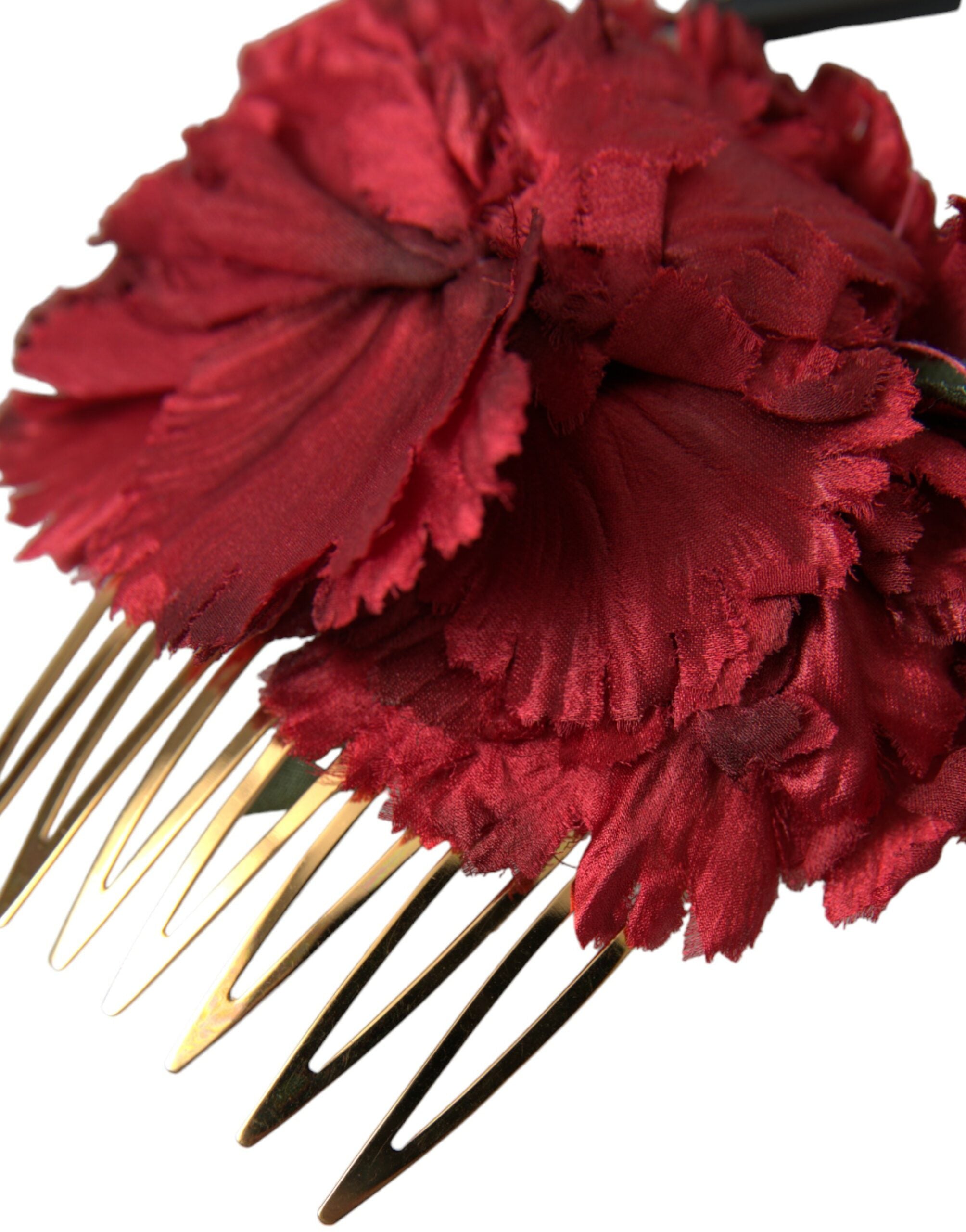 Red Silk Floral Gold Brass Women Hair Comb - ventzia