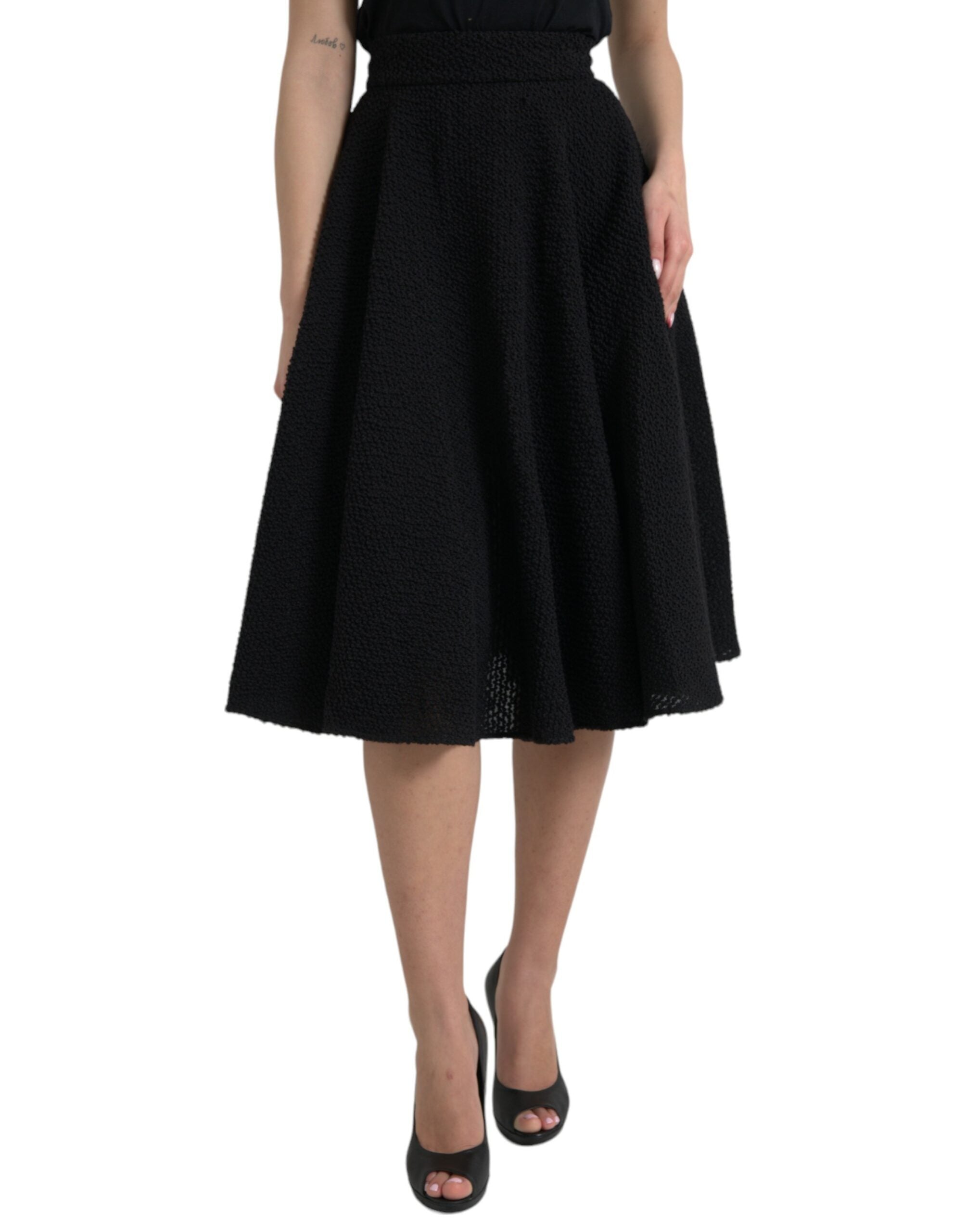 Black High Waist A-line Knee Length Skirt - ventzia