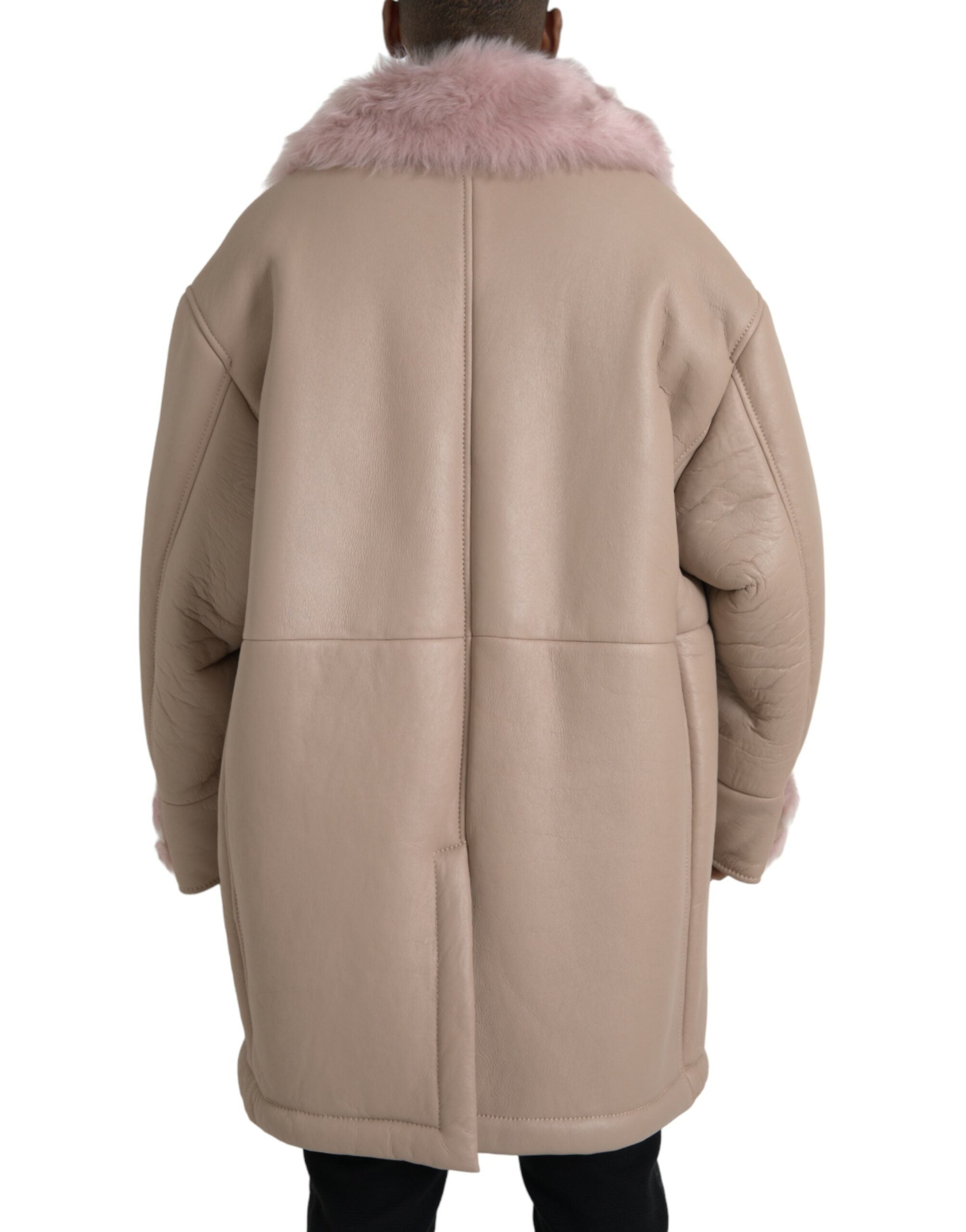 Beige Pink Lamb Leather Shearling Coat Jacket - ventzia