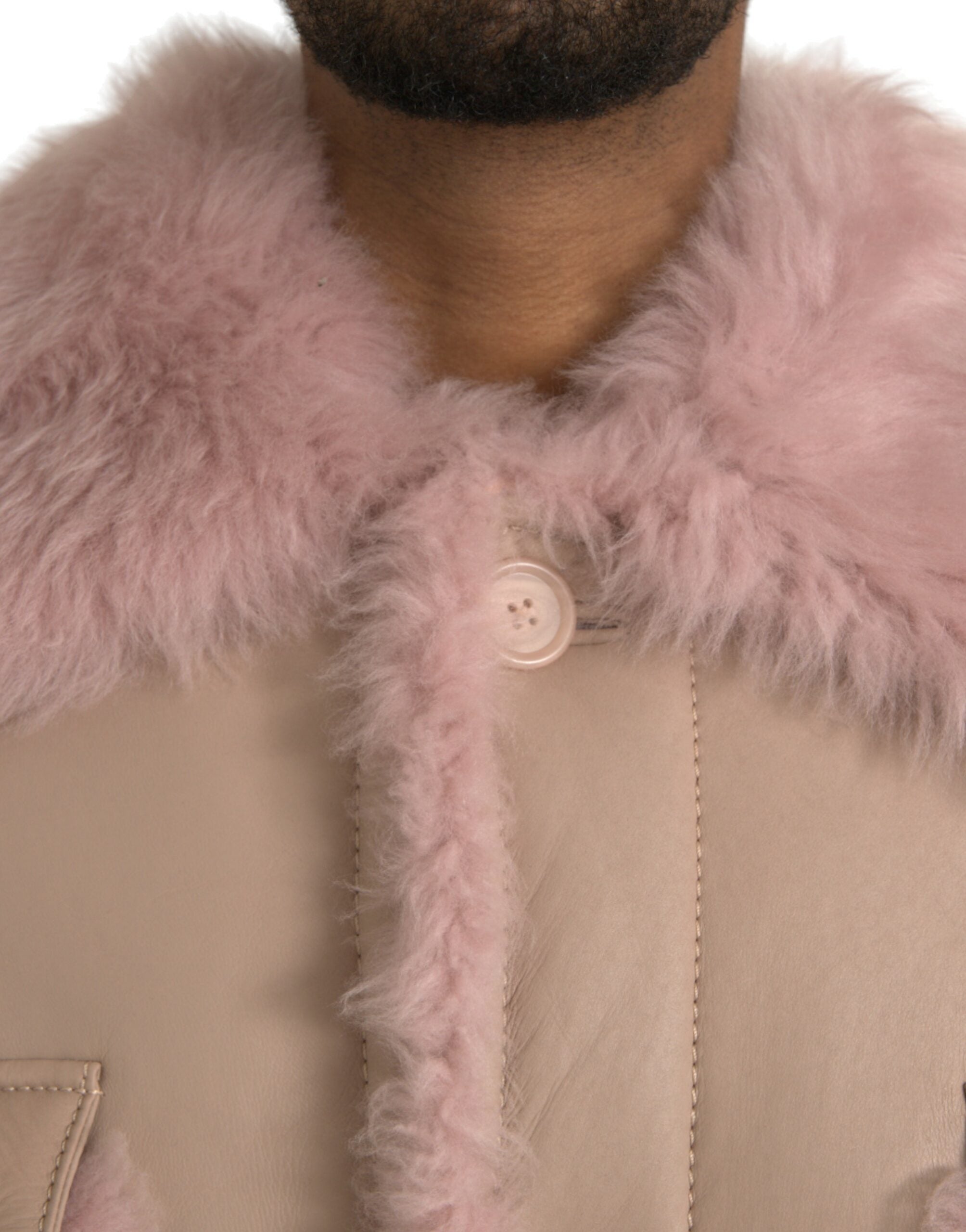 Beige Pink Lamb Leather Shearling Coat Jacket - ventzia