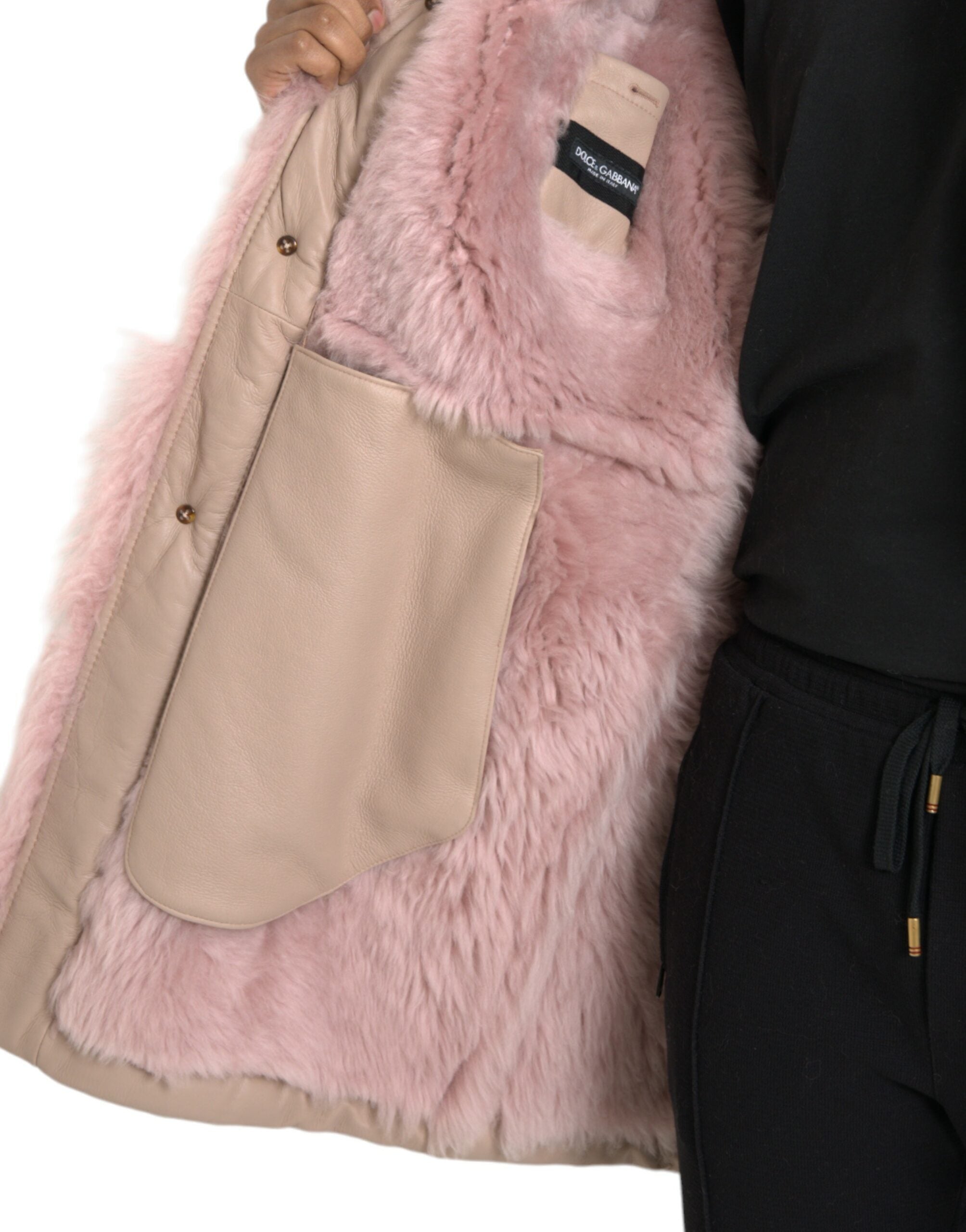 Beige Pink Lamb Leather Shearling Coat Jacket - ventzia