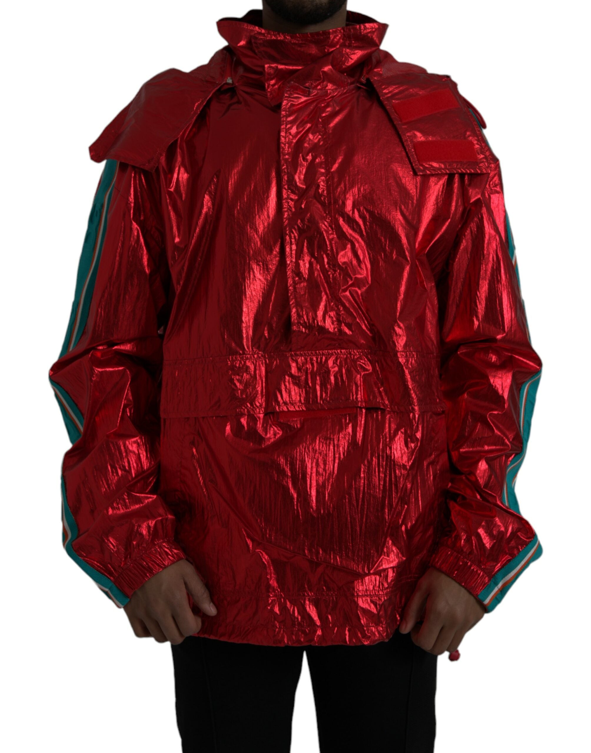 Red Nylon Hooded Pullover Sweatshirt Jacket - ventzia