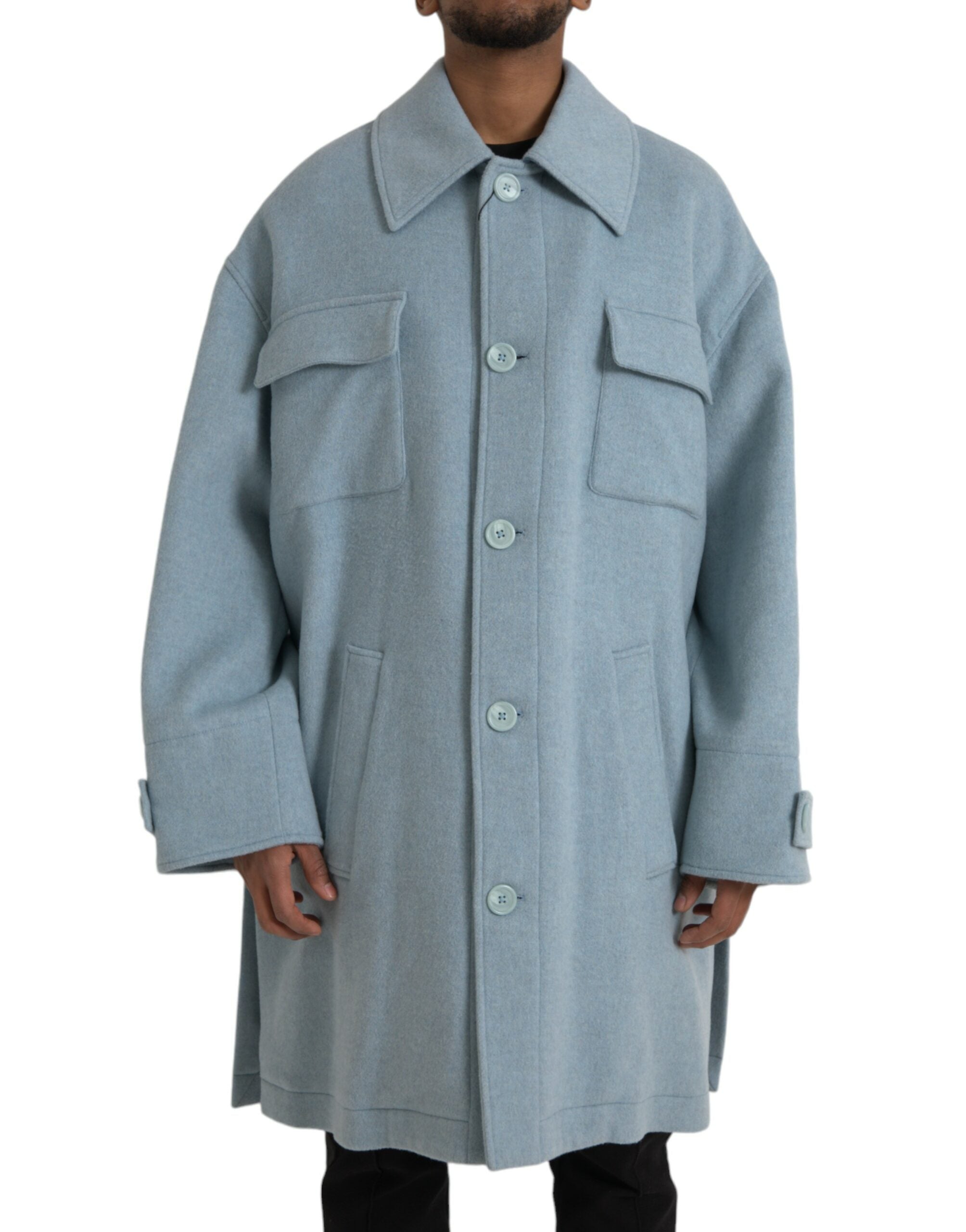 Light Blue Wool Button Trench Coat Jacket - ventzia