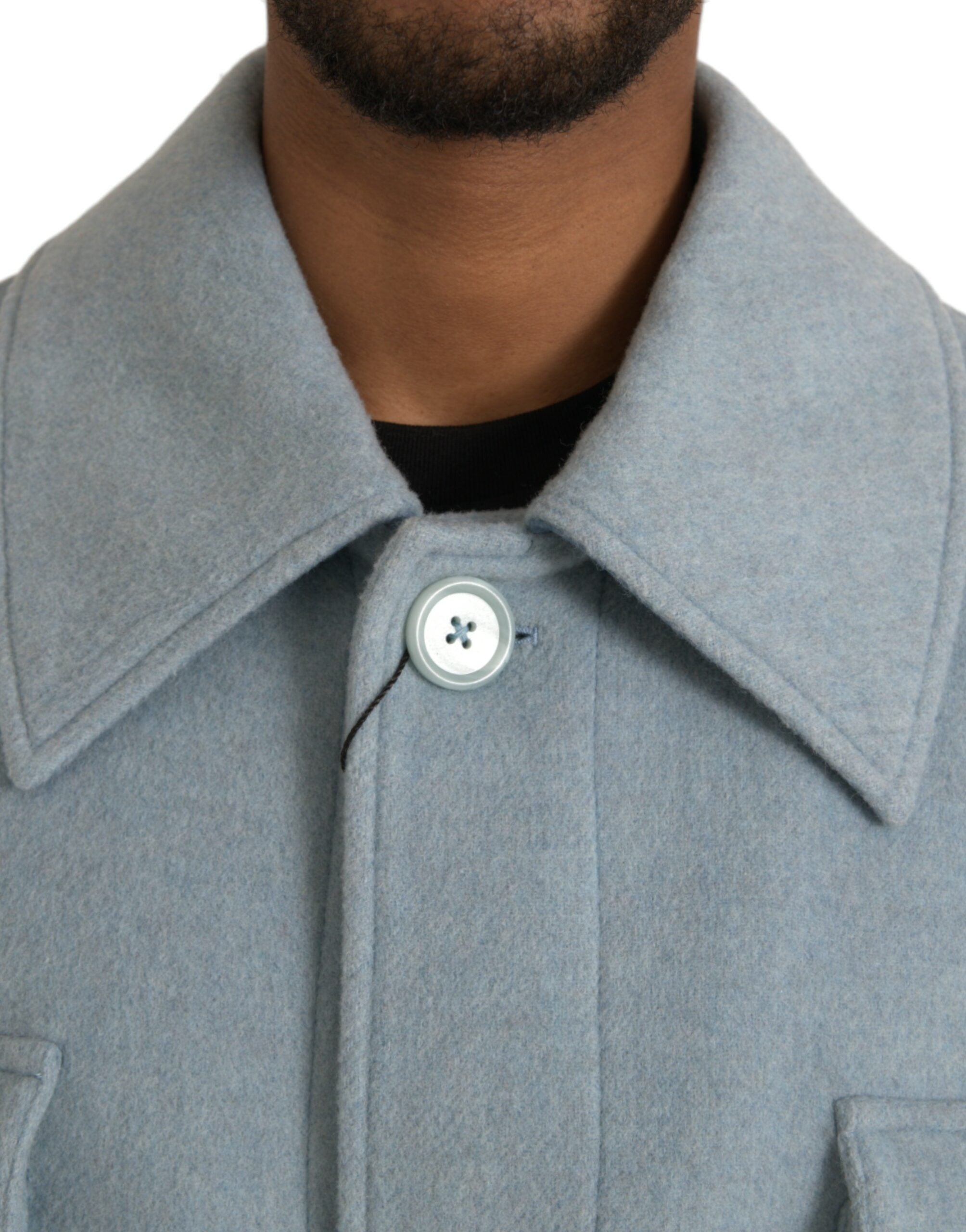 Light Blue Wool Button Trench Coat Jacket - ventzia