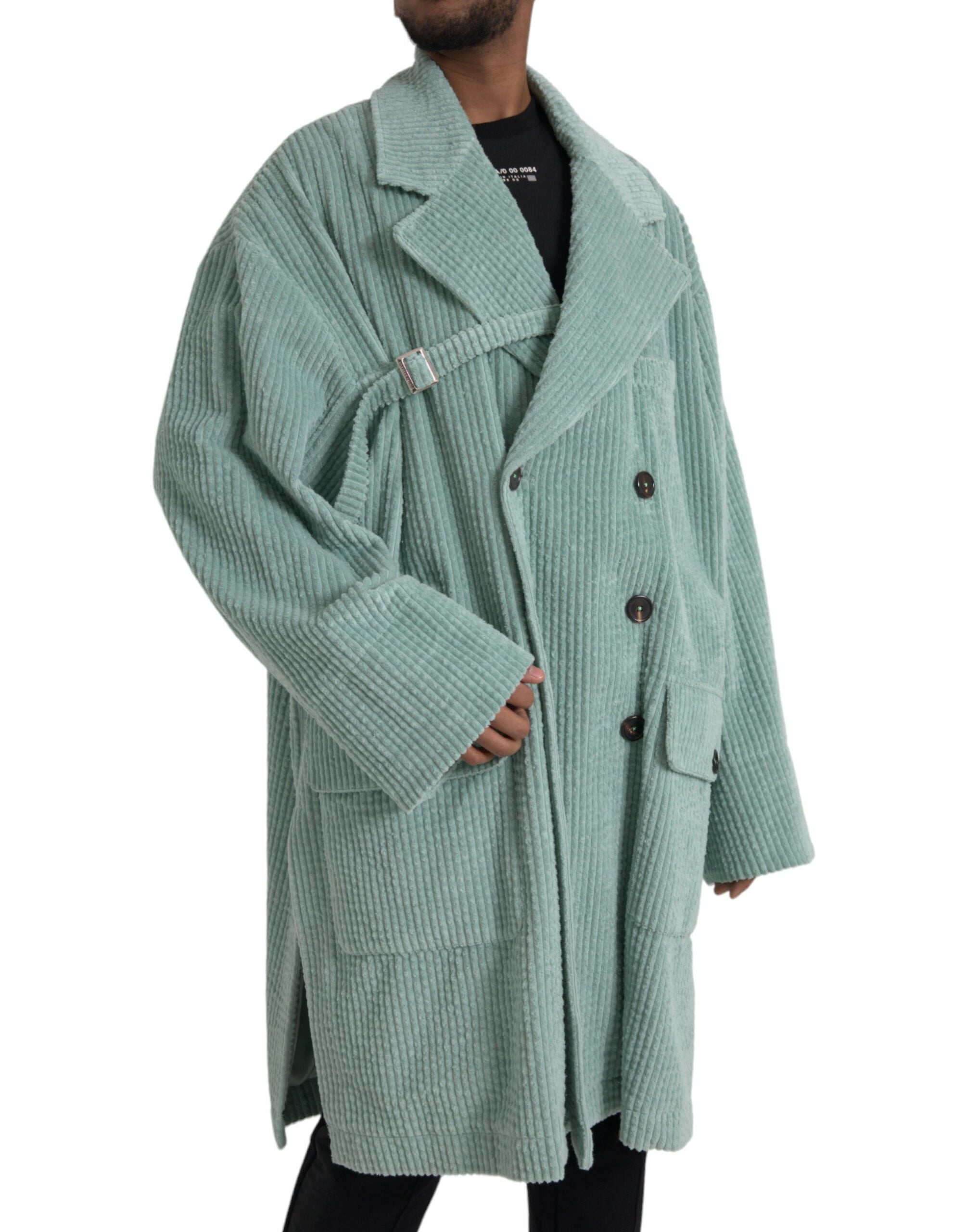 Blue Double Breasted Corduroy Cotton Jacket - ventzia