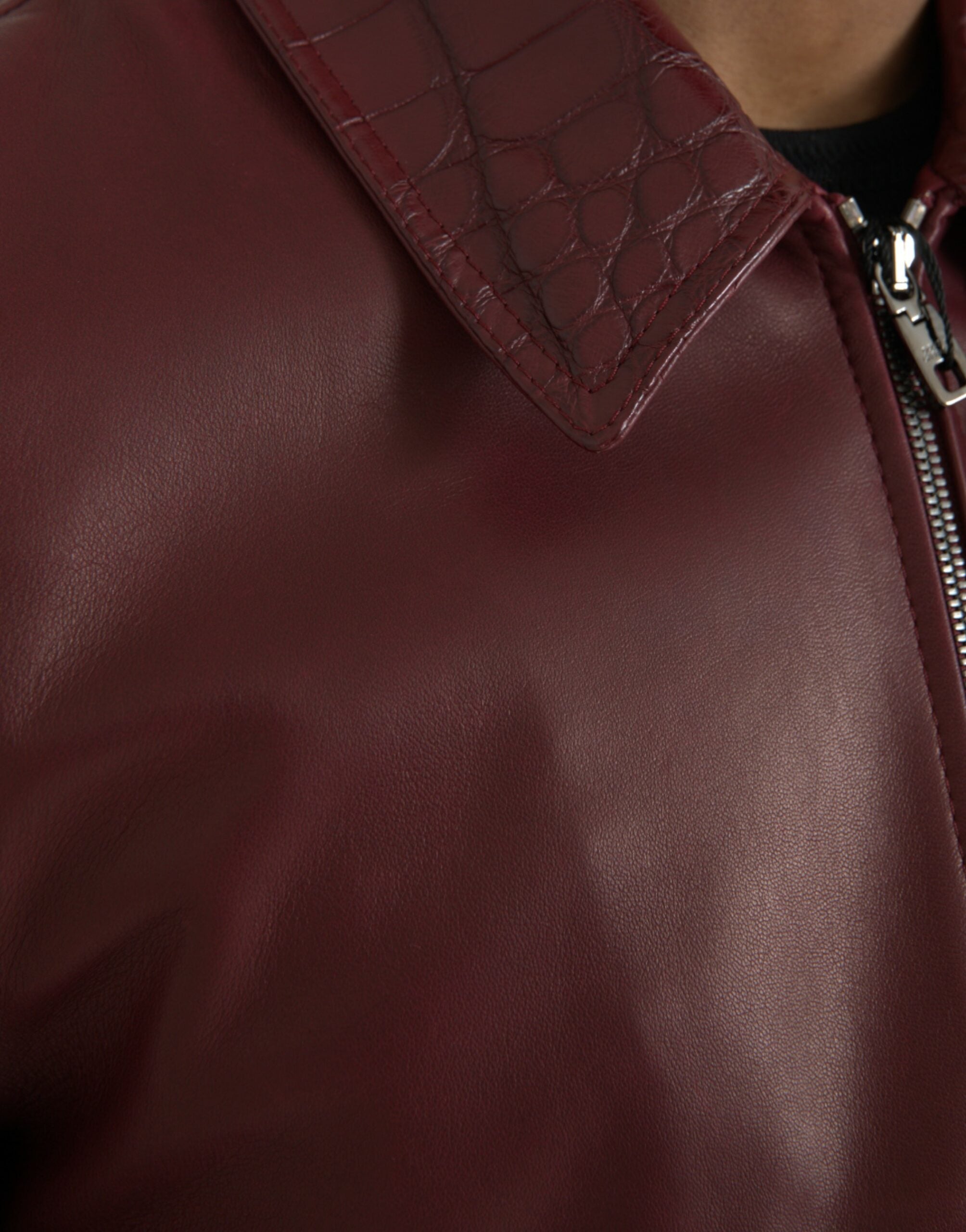 Maroon Exotic Leather Zip Biker Coat Jacket - ventzia