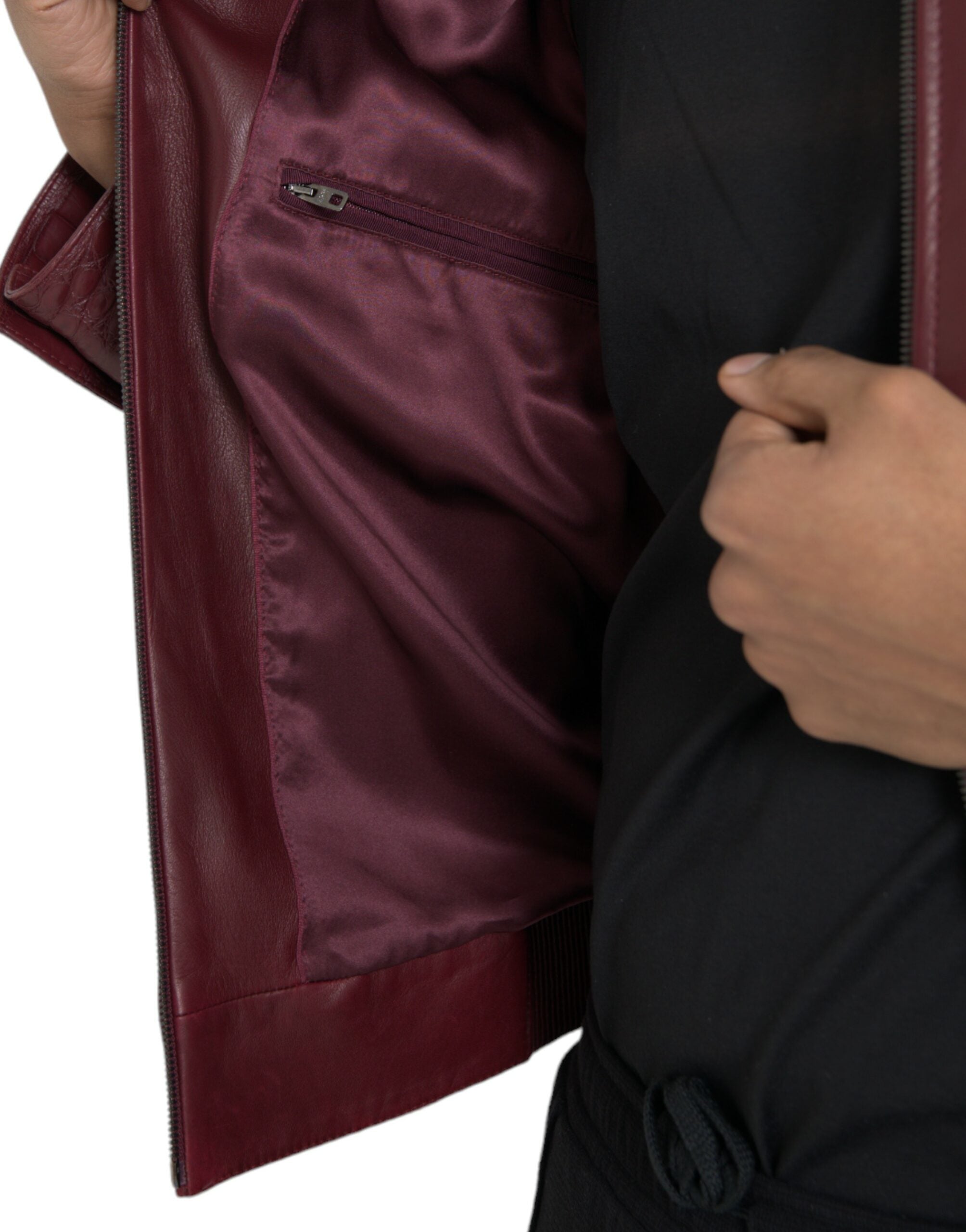 Maroon Exotic Leather Zip Biker Coat Jacket - ventzia