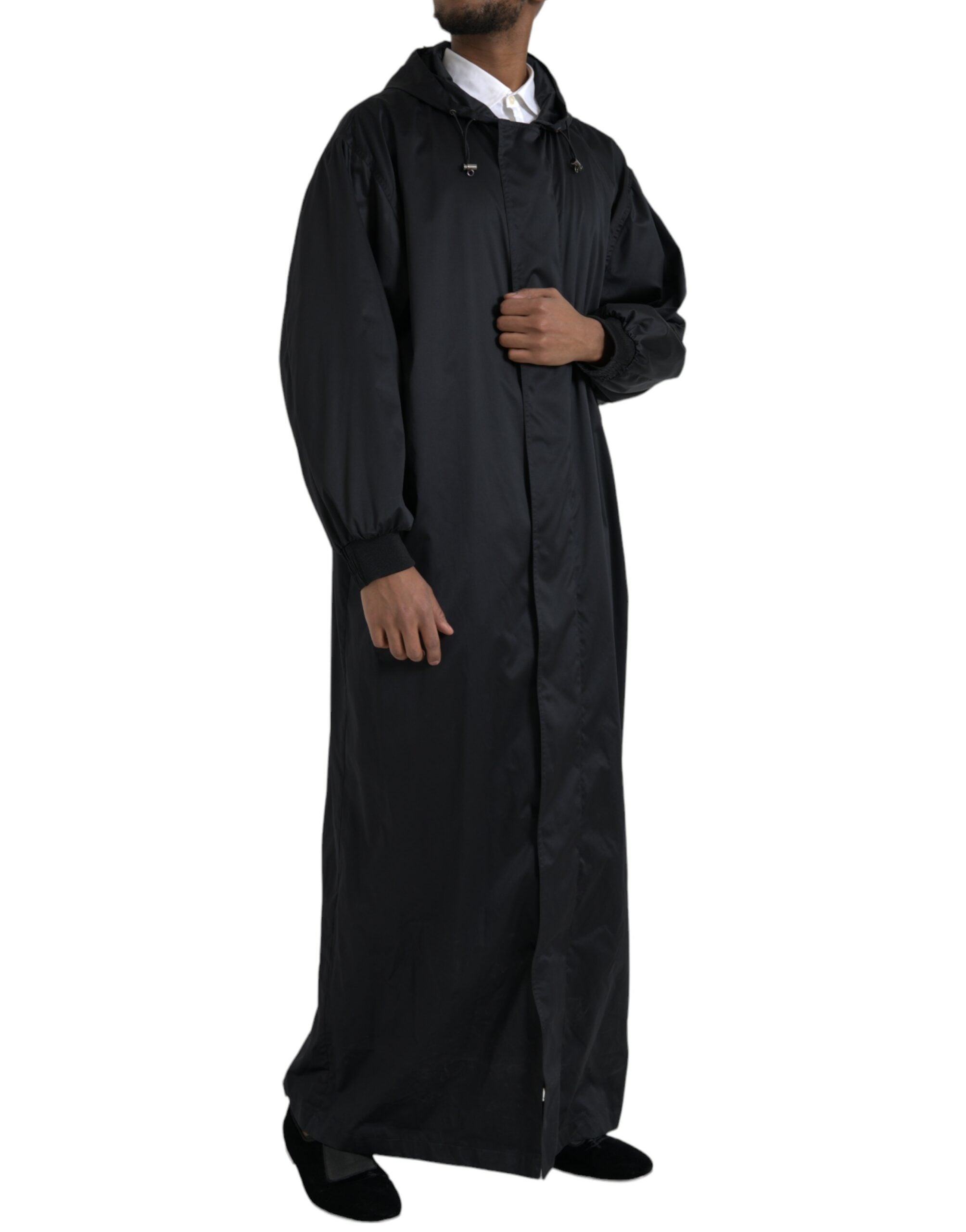 Black Polyester Hooded Long Windbreaker Jacket - ventzia