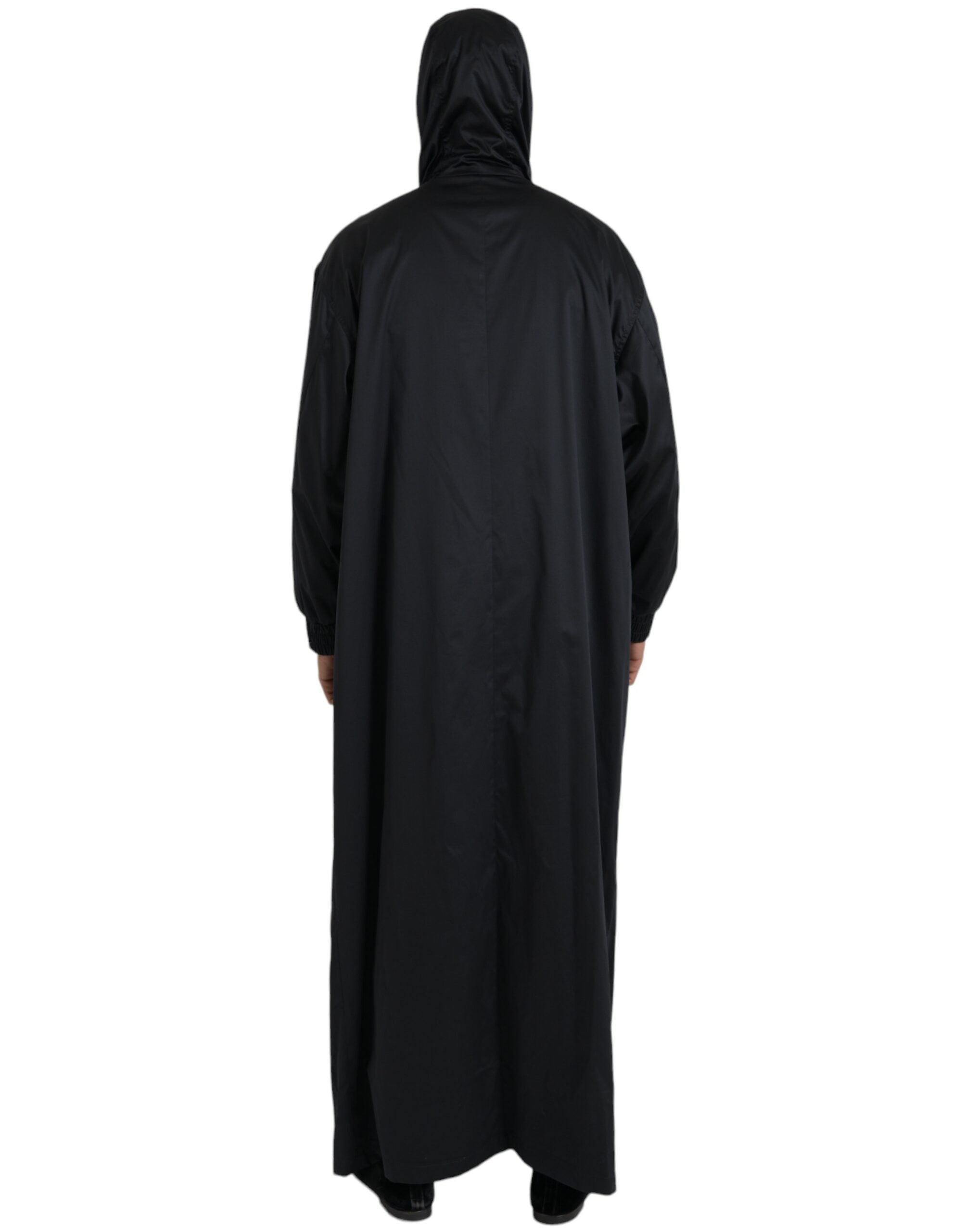 Black Polyester Hooded Long Windbreaker Jacket - ventzia