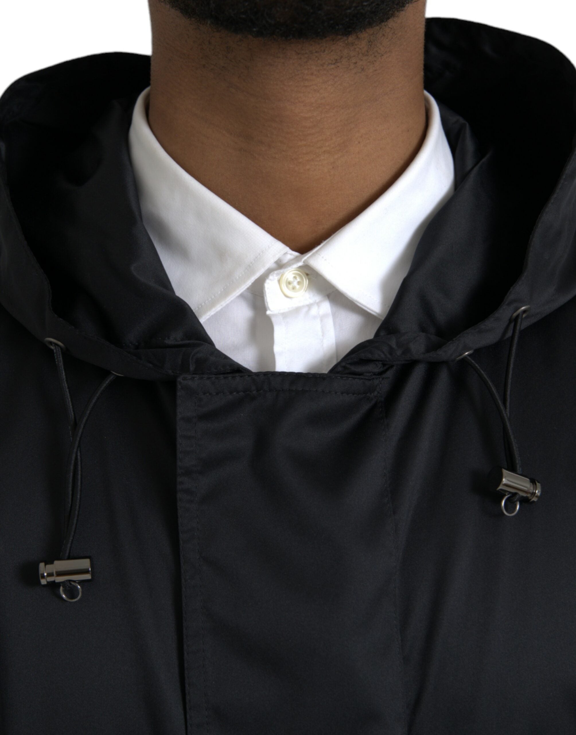 Black Polyester Hooded Long Windbreaker Jacket - ventzia
