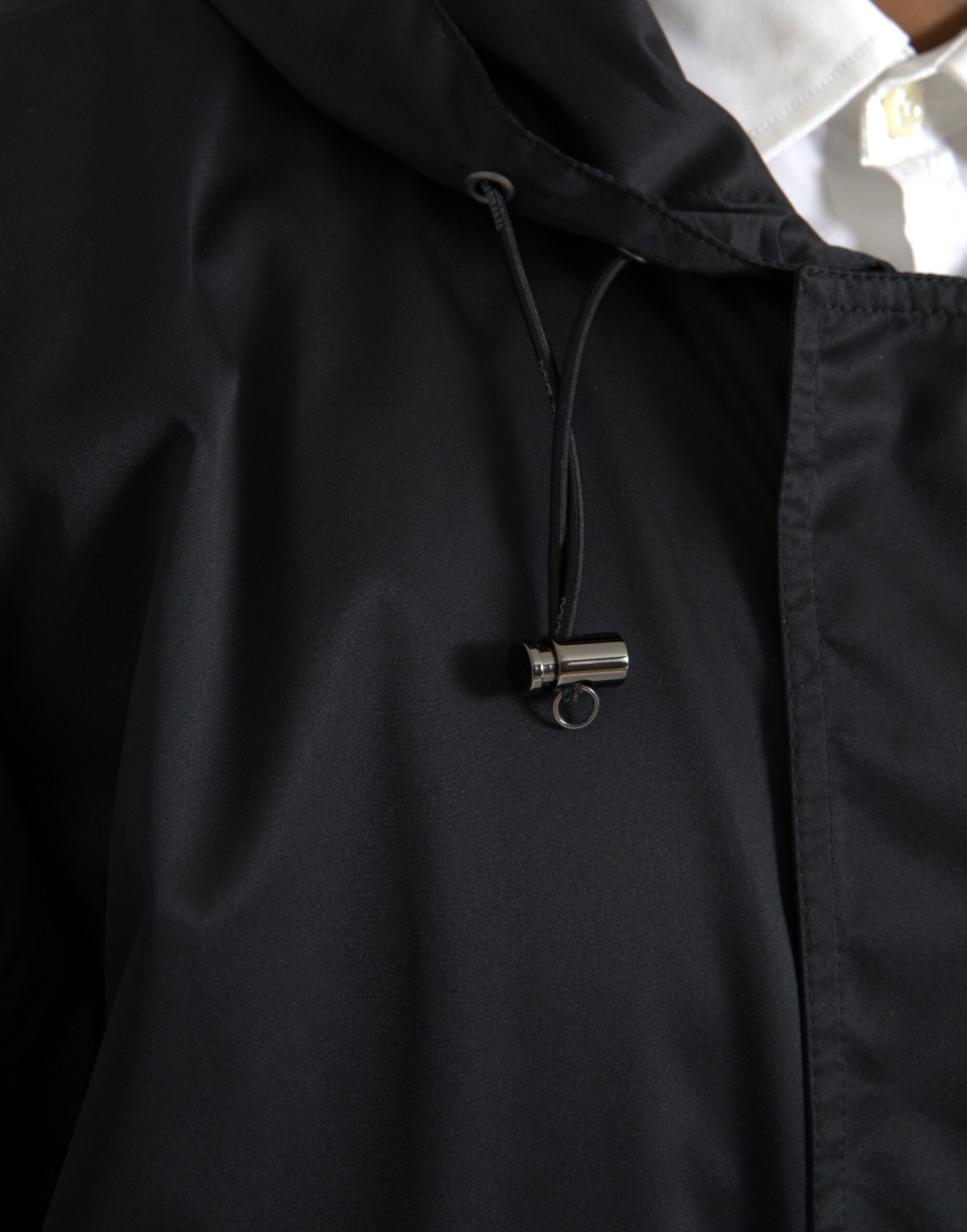 Black Polyester Hooded Long Windbreaker Jacket - ventzia