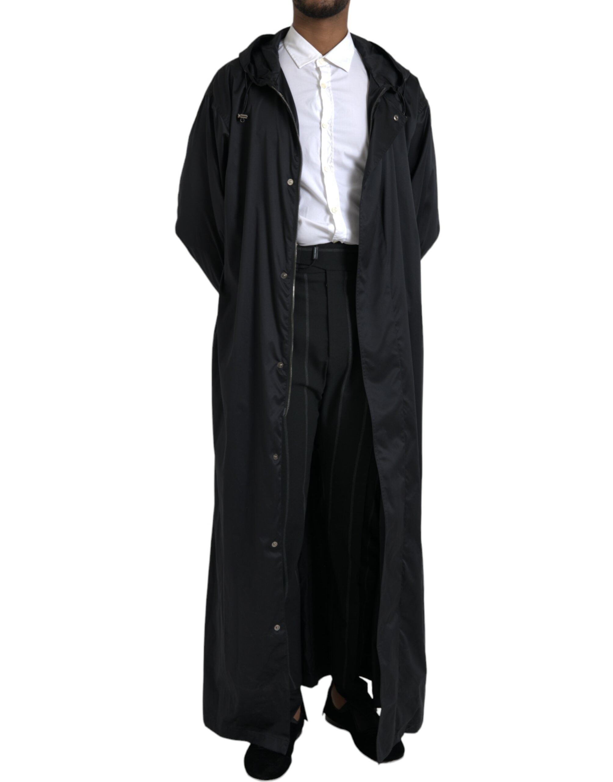 Black Polyester Hooded Long Windbreaker Jacket - ventzia