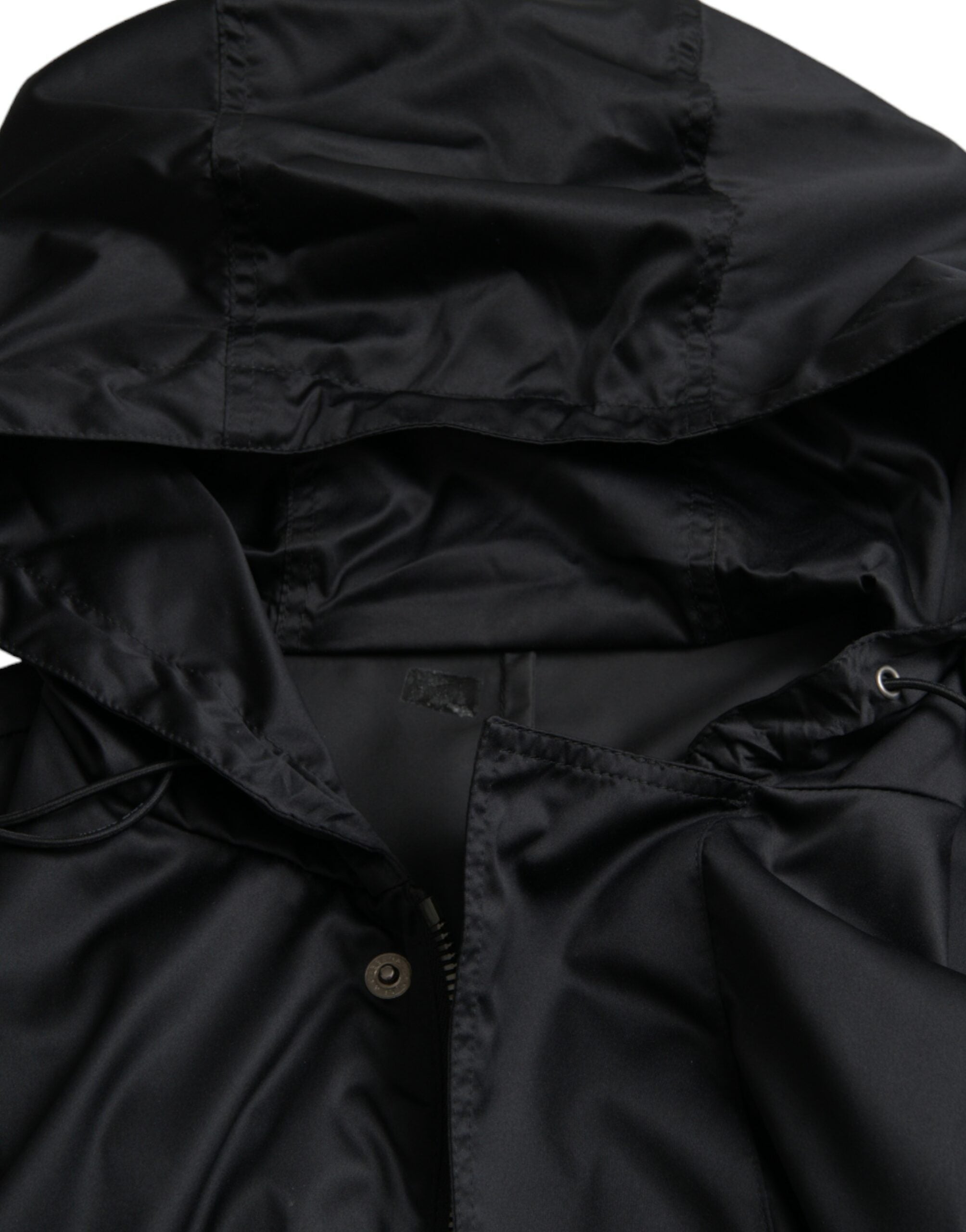 Black Polyester Hooded Long Windbreaker Jacket - ventzia