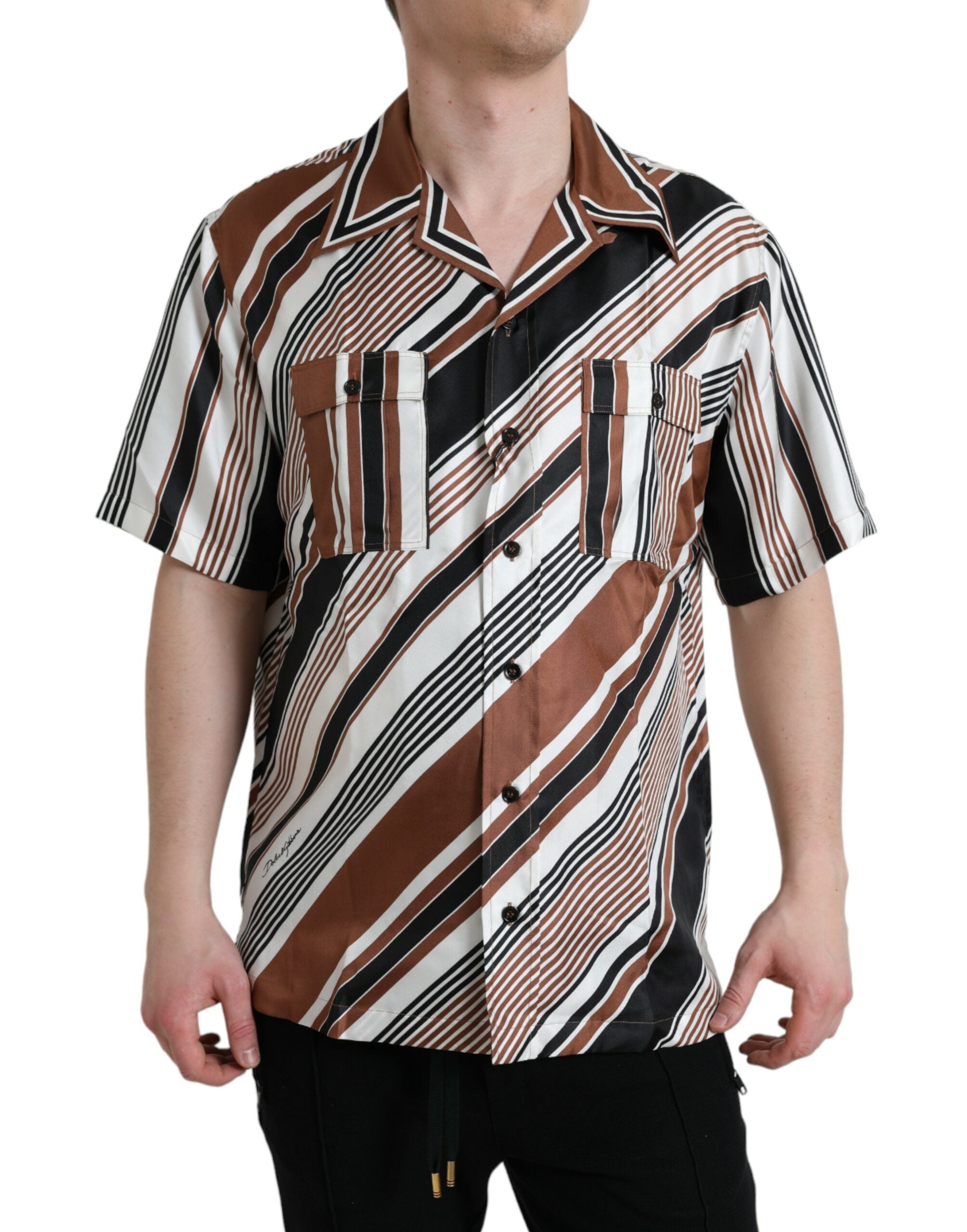 Brown White Silk Striped Short Sleeve Shirt - ventzia