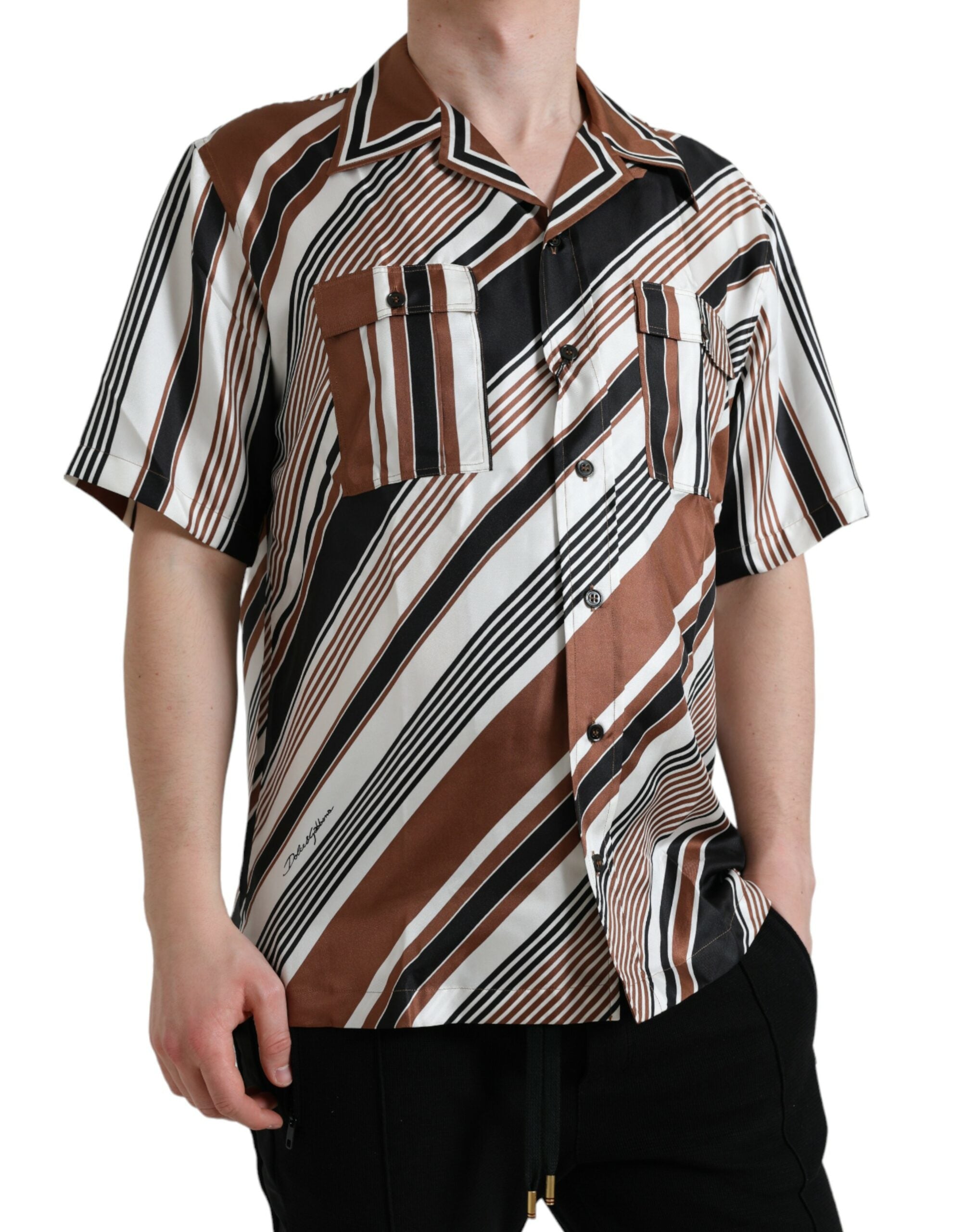 Brown White Silk Striped Short Sleeve Shirt - ventzia