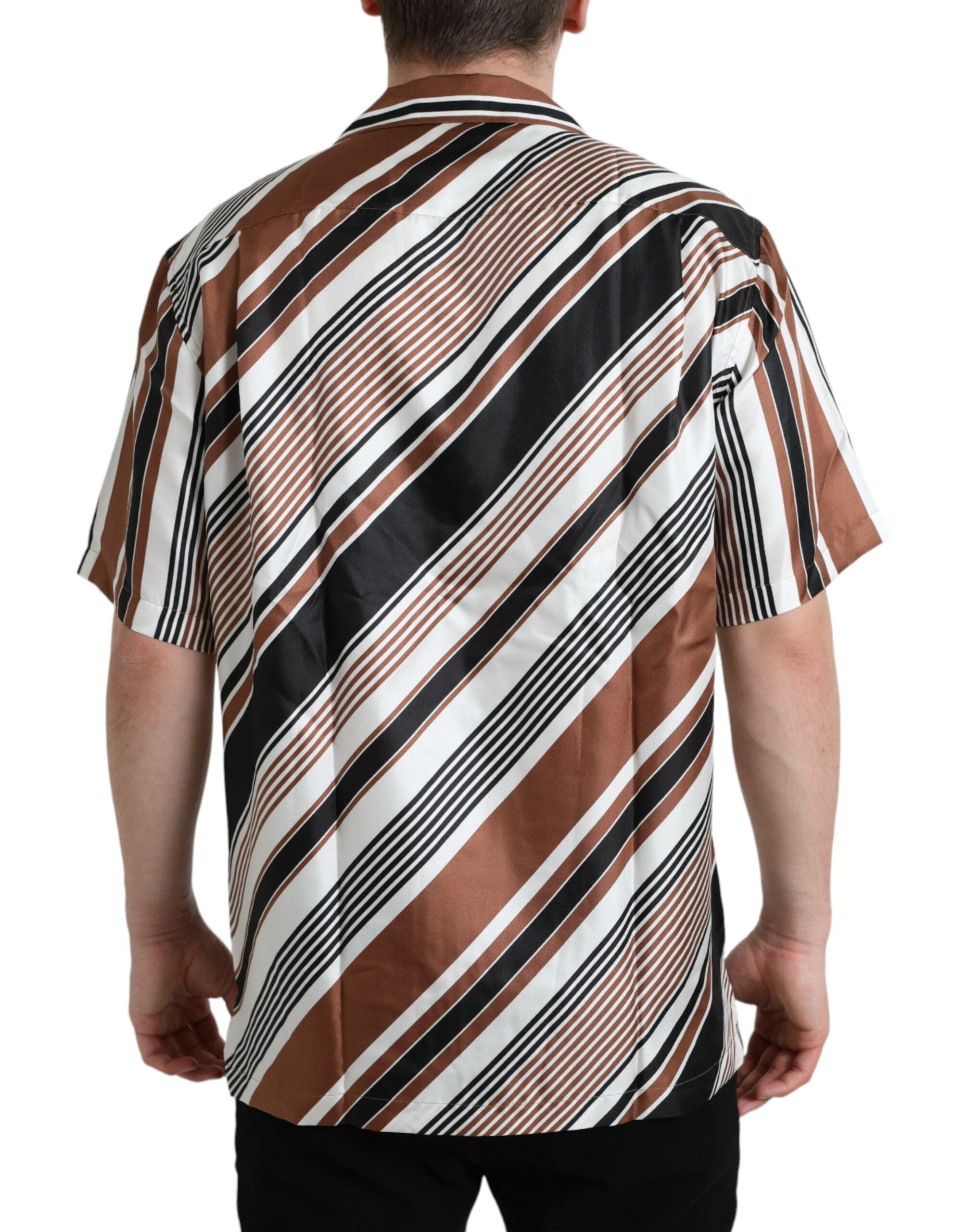 Brown White Silk Striped Short Sleeve Shirt - ventzia