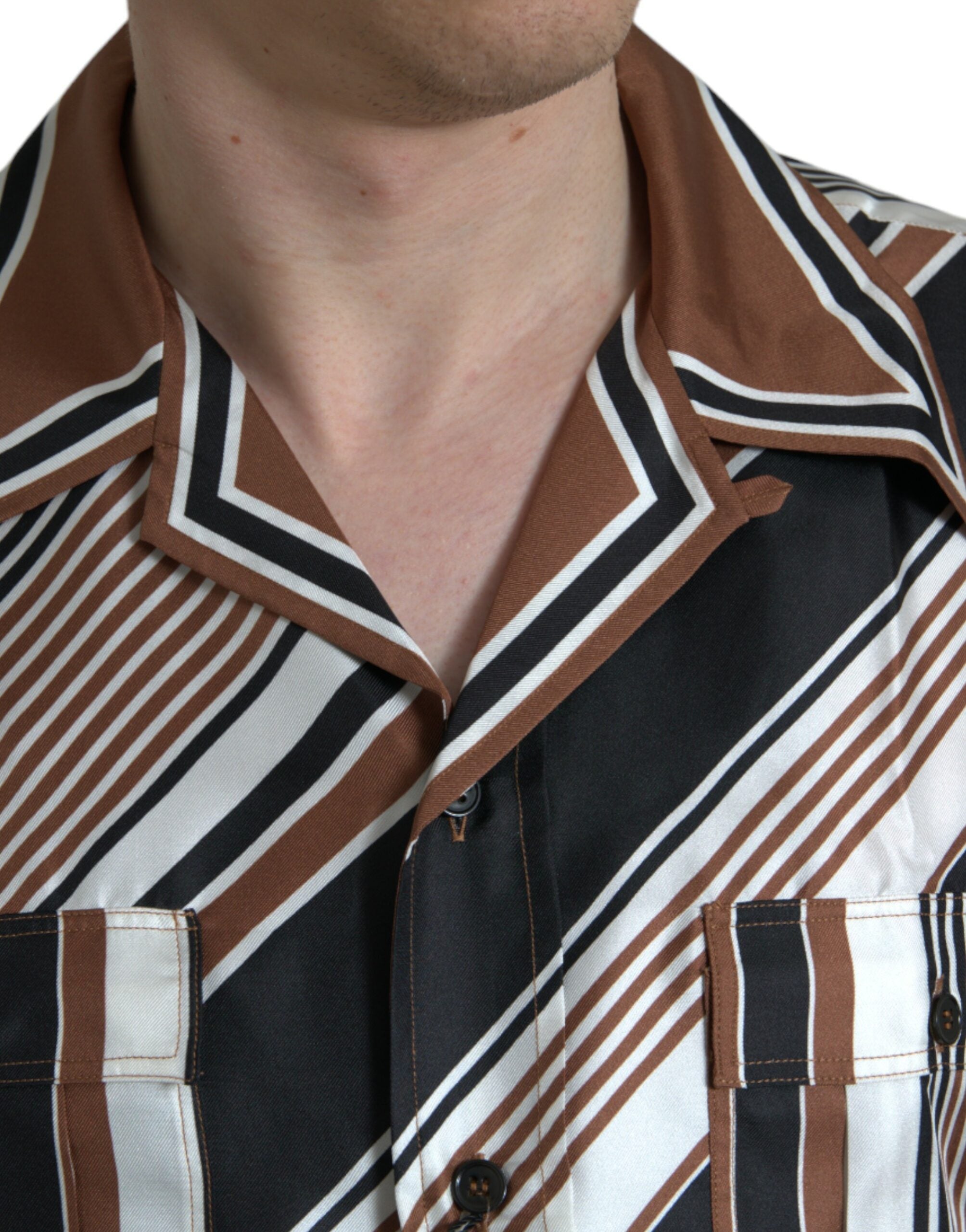 Brown White Silk Striped Short Sleeve Shirt - ventzia