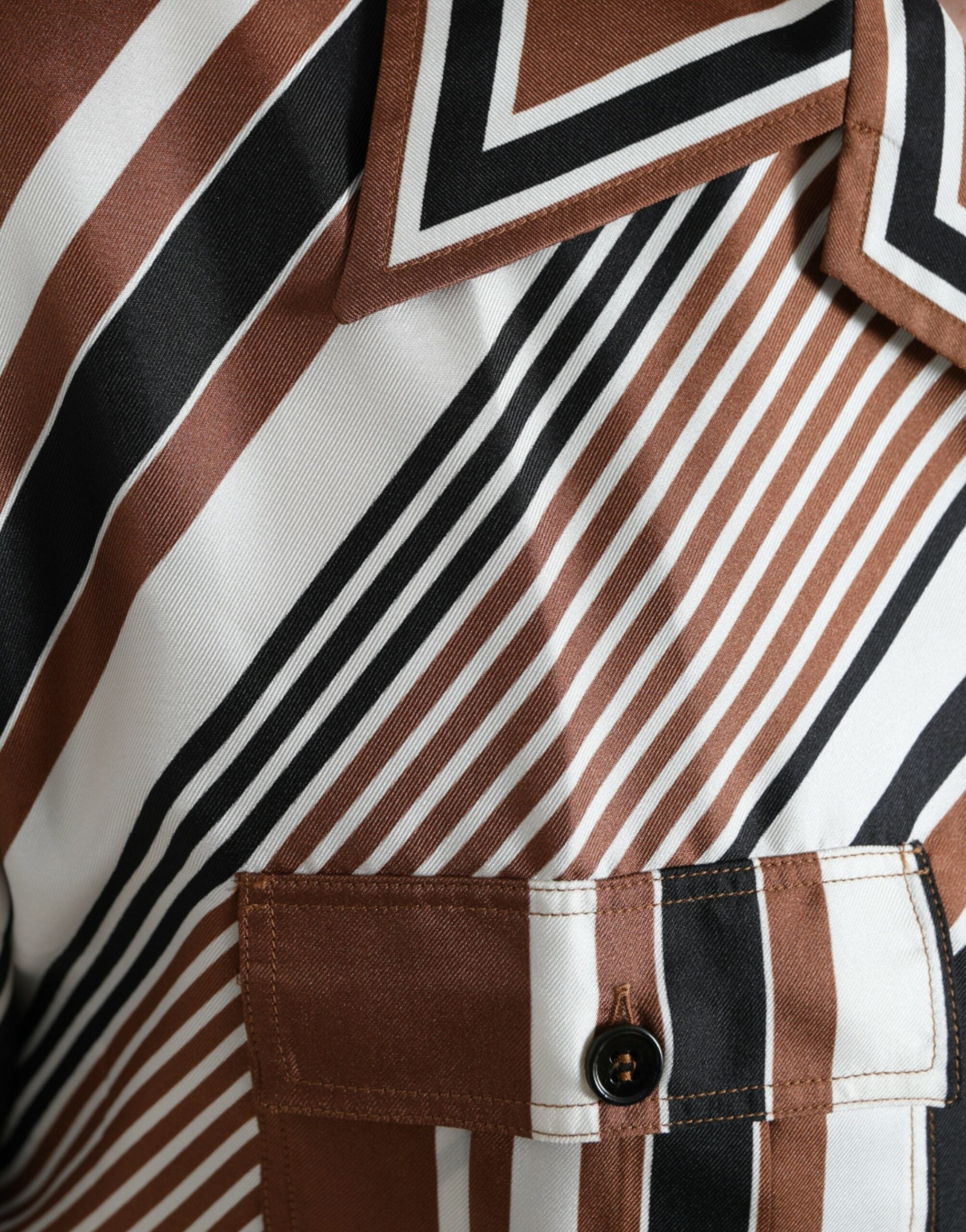 Brown White Silk Striped Short Sleeve Shirt - ventzia