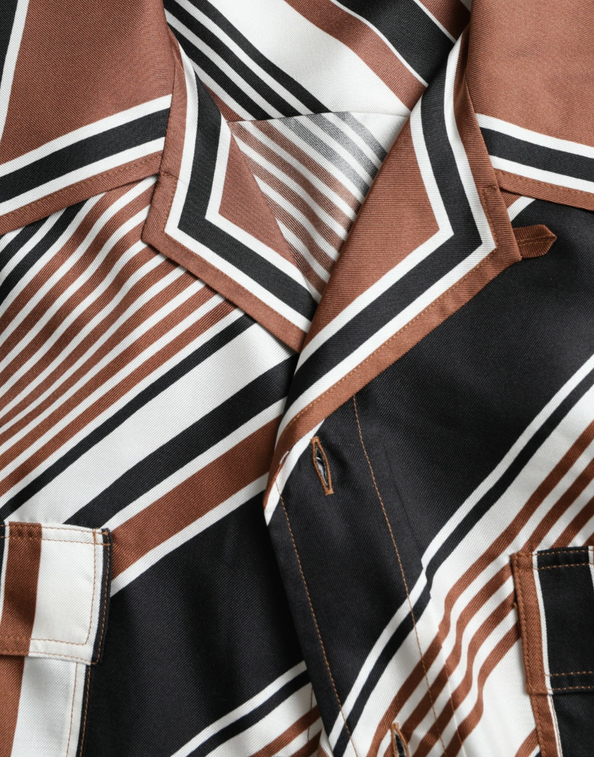 Brown White Silk Striped Short Sleeve Shirt - ventzia
