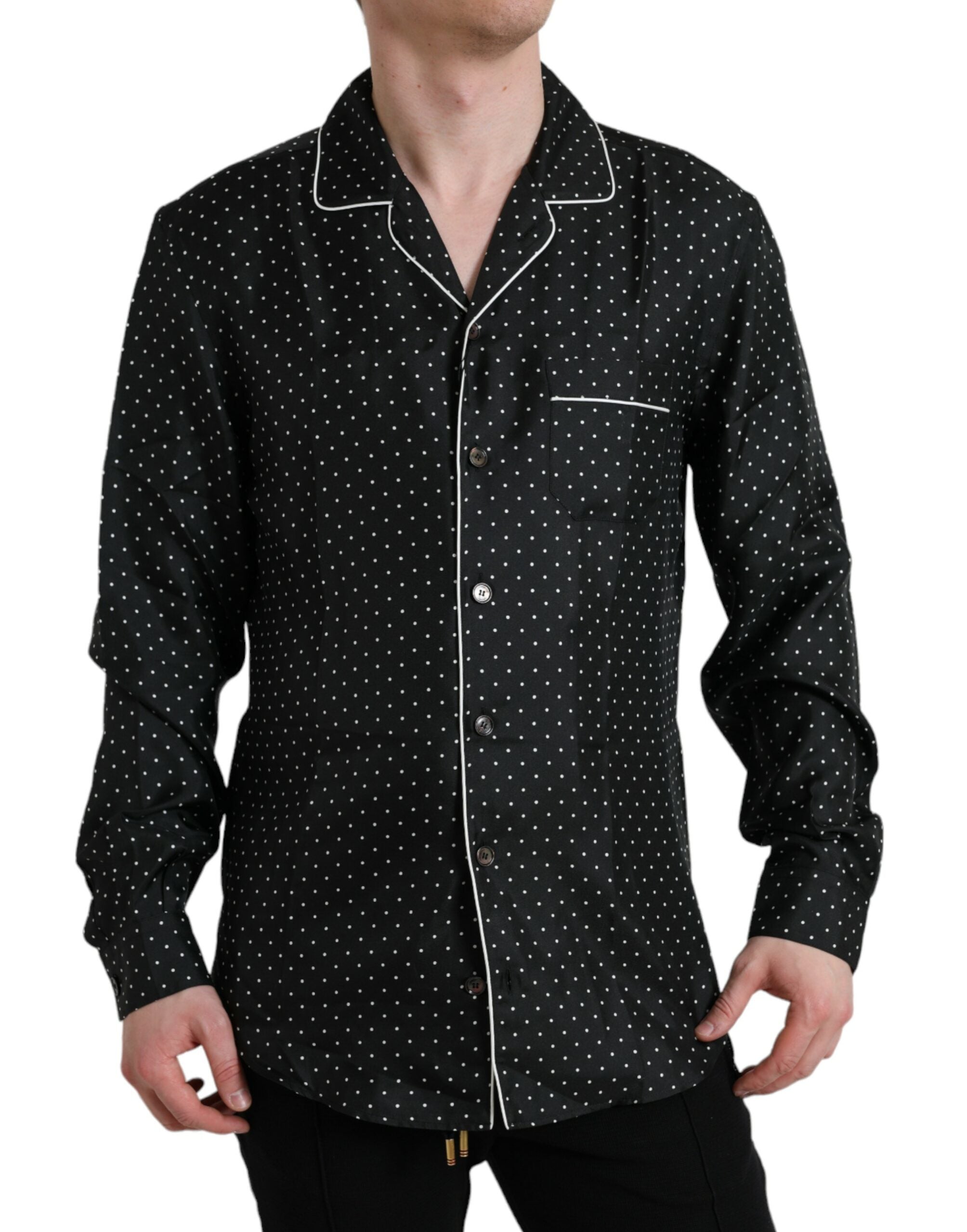 Black Polka Dot Silk Long Sleeve Shirt - ventzia