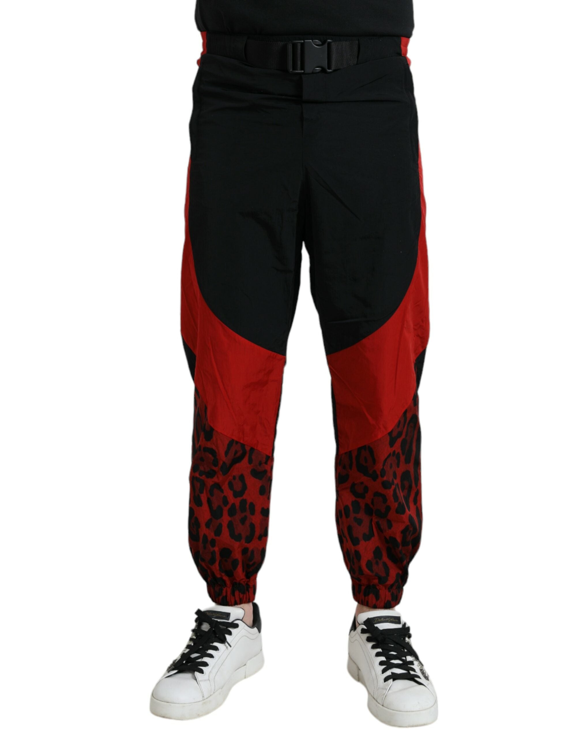 Black Red Leopard Print Nylon Jogger Pants - ventzia