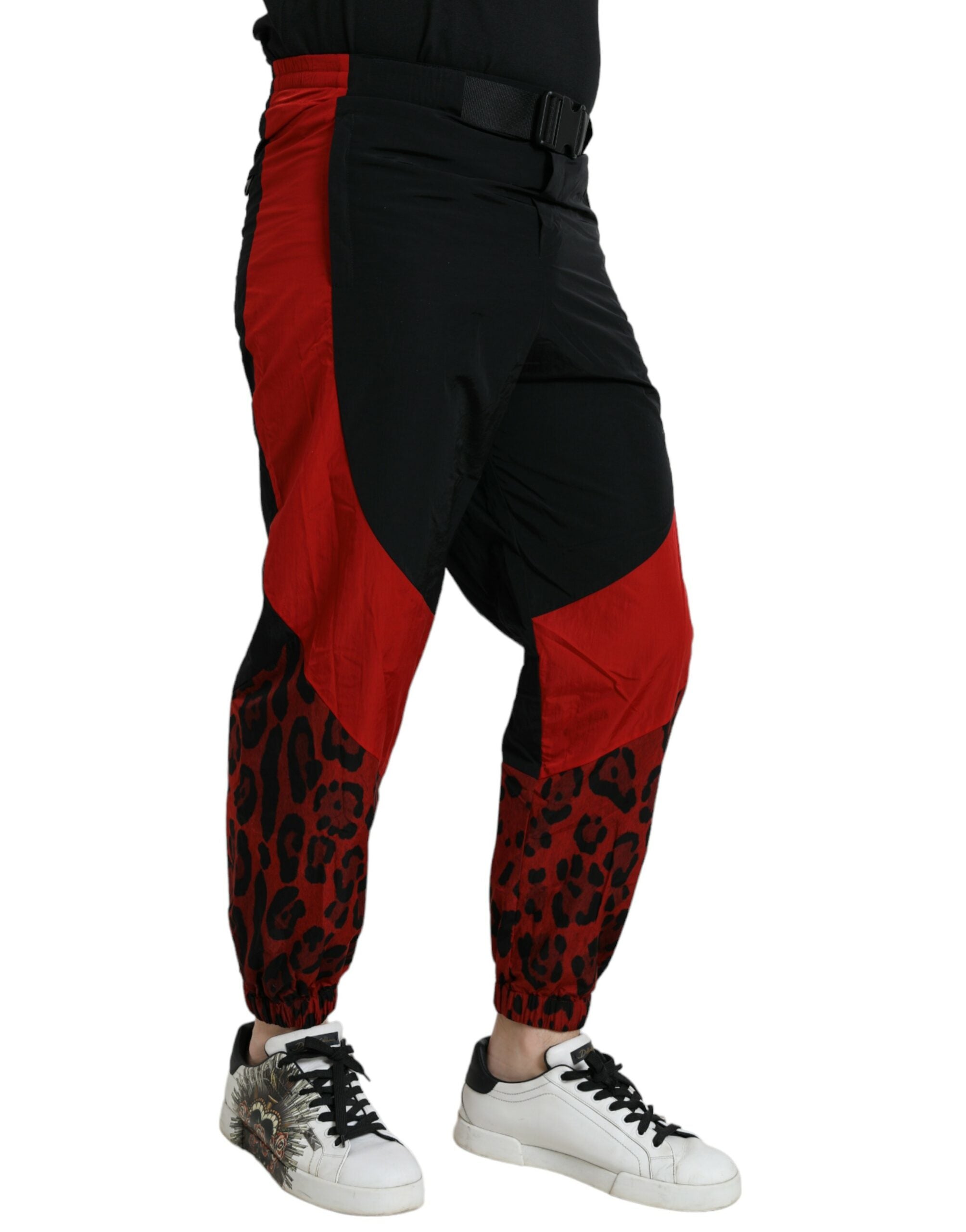 Black Red Leopard Print Nylon Jogger Pants - ventzia