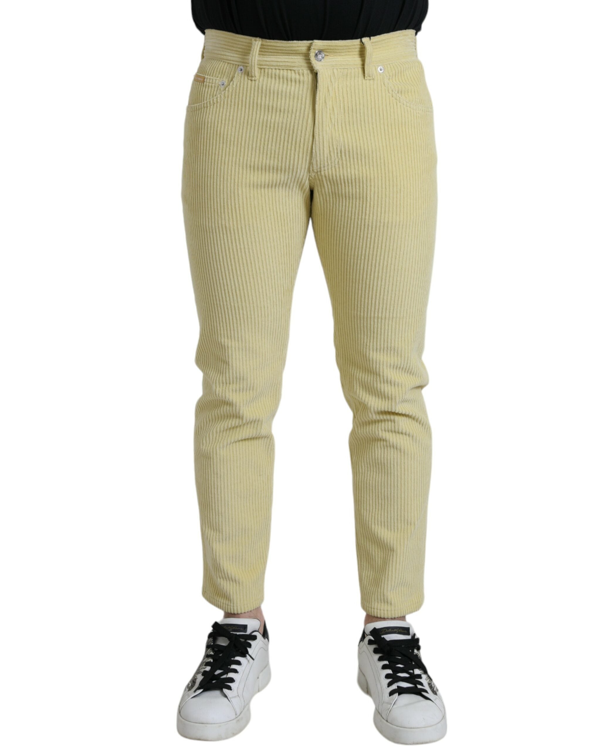 Yellow Corduroy Logo Plaque Skinny Denim Jeans - ventzia