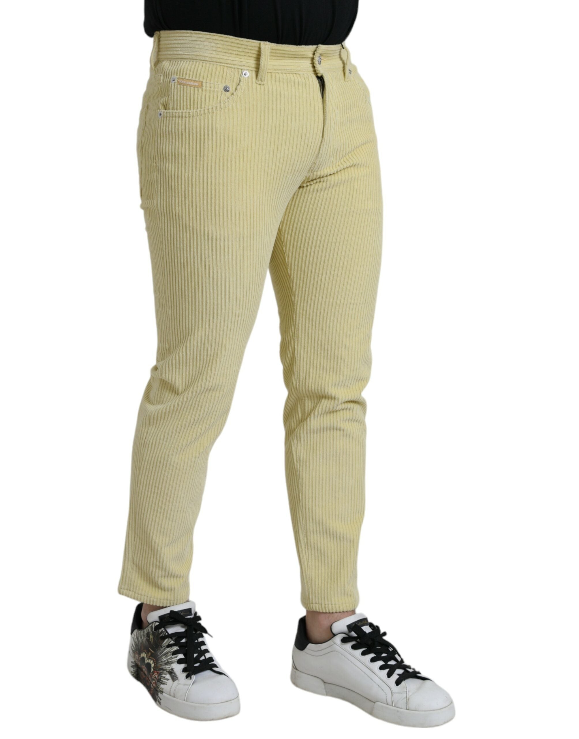 Yellow Corduroy Logo Plaque Skinny Denim Jeans - ventzia