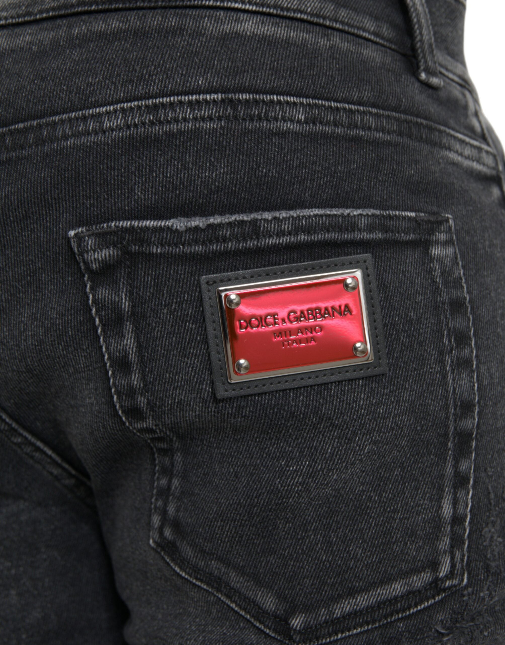 Gray Cotton Stretch Skinny Denim Logo Jeans - ventzia
