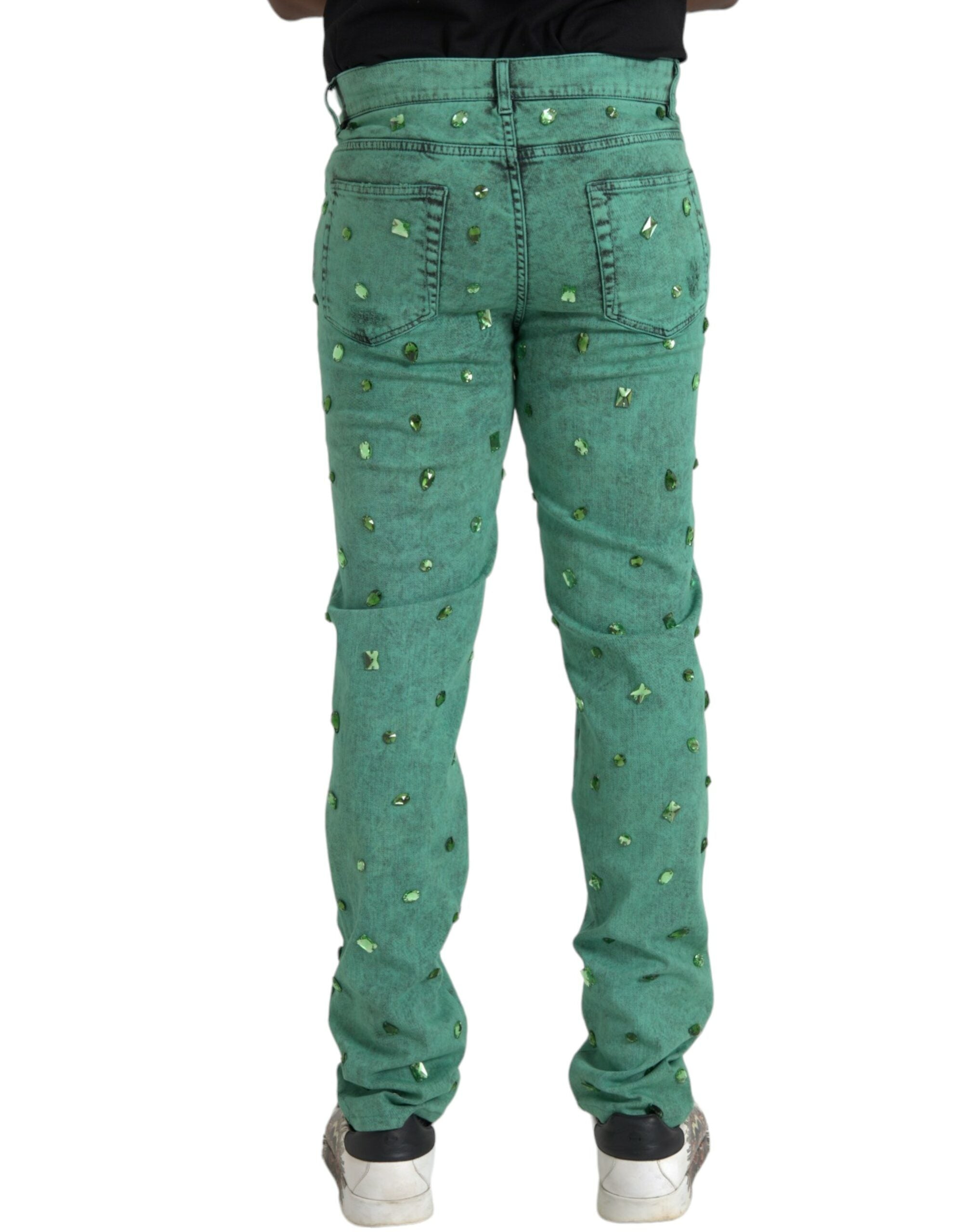Green Crystals Cotton Stretch Slim Jeans - ventzia