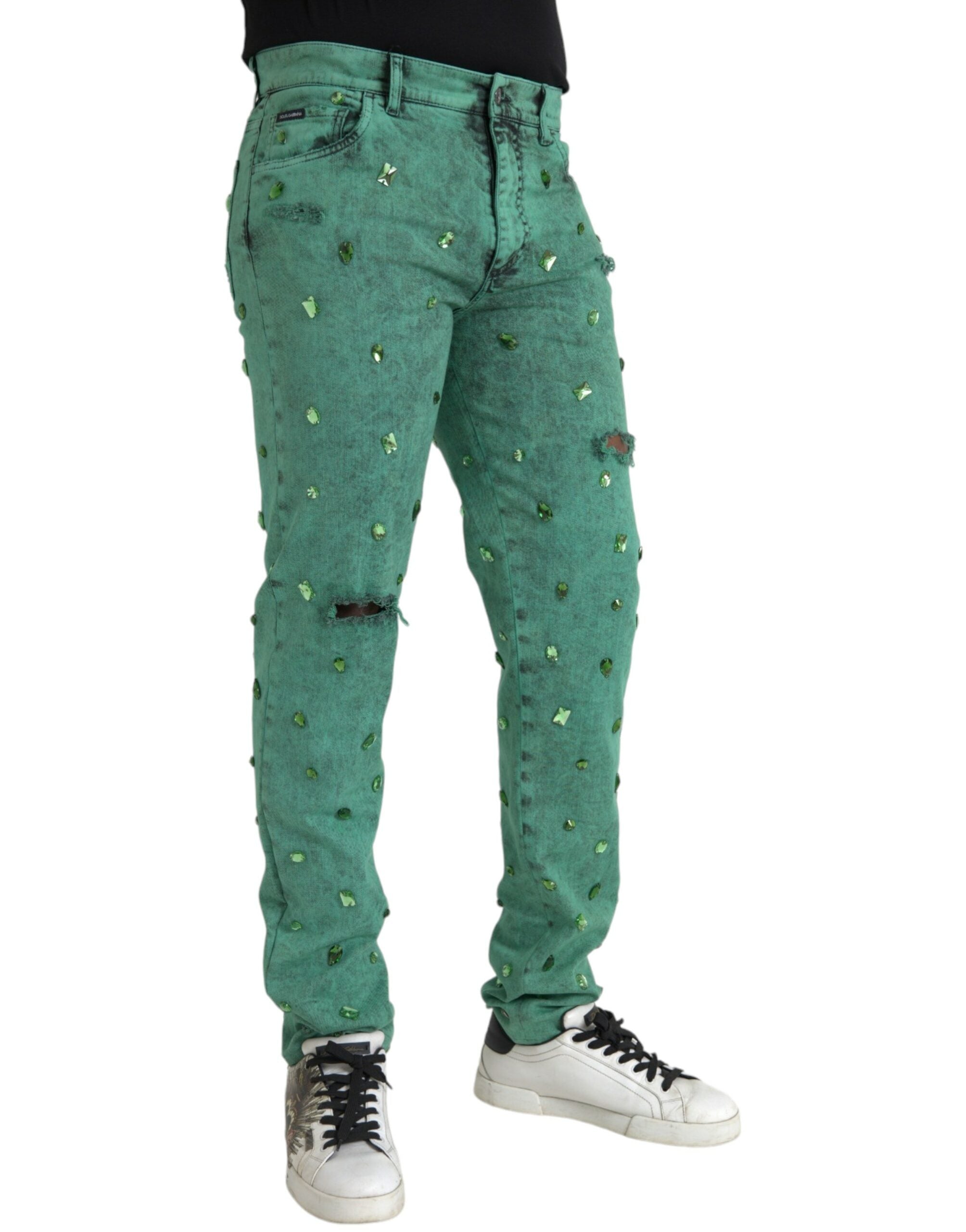 Green Crystals Cotton Stretch Slim Jeans - ventzia