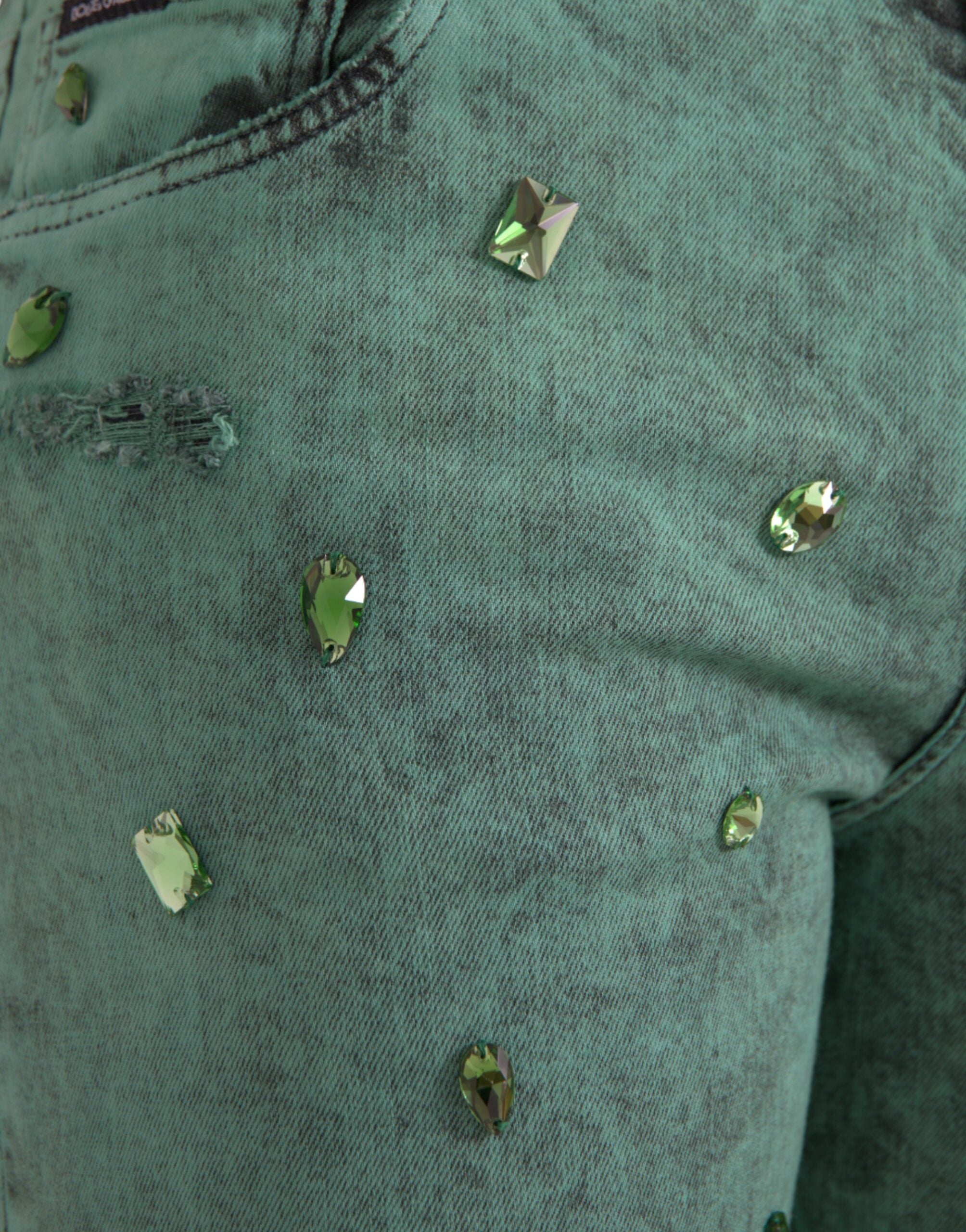 Green Crystals Cotton Stretch Slim Jeans - ventzia