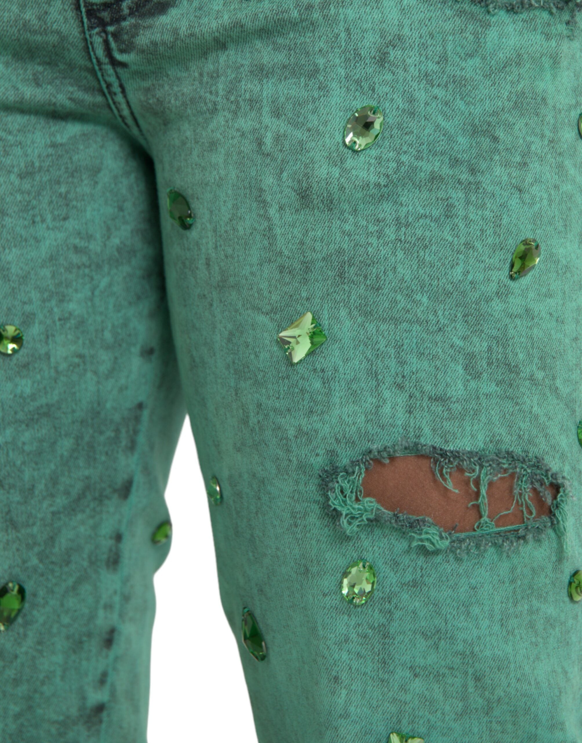 Green Crystals Cotton Stretch Slim Jeans - ventzia
