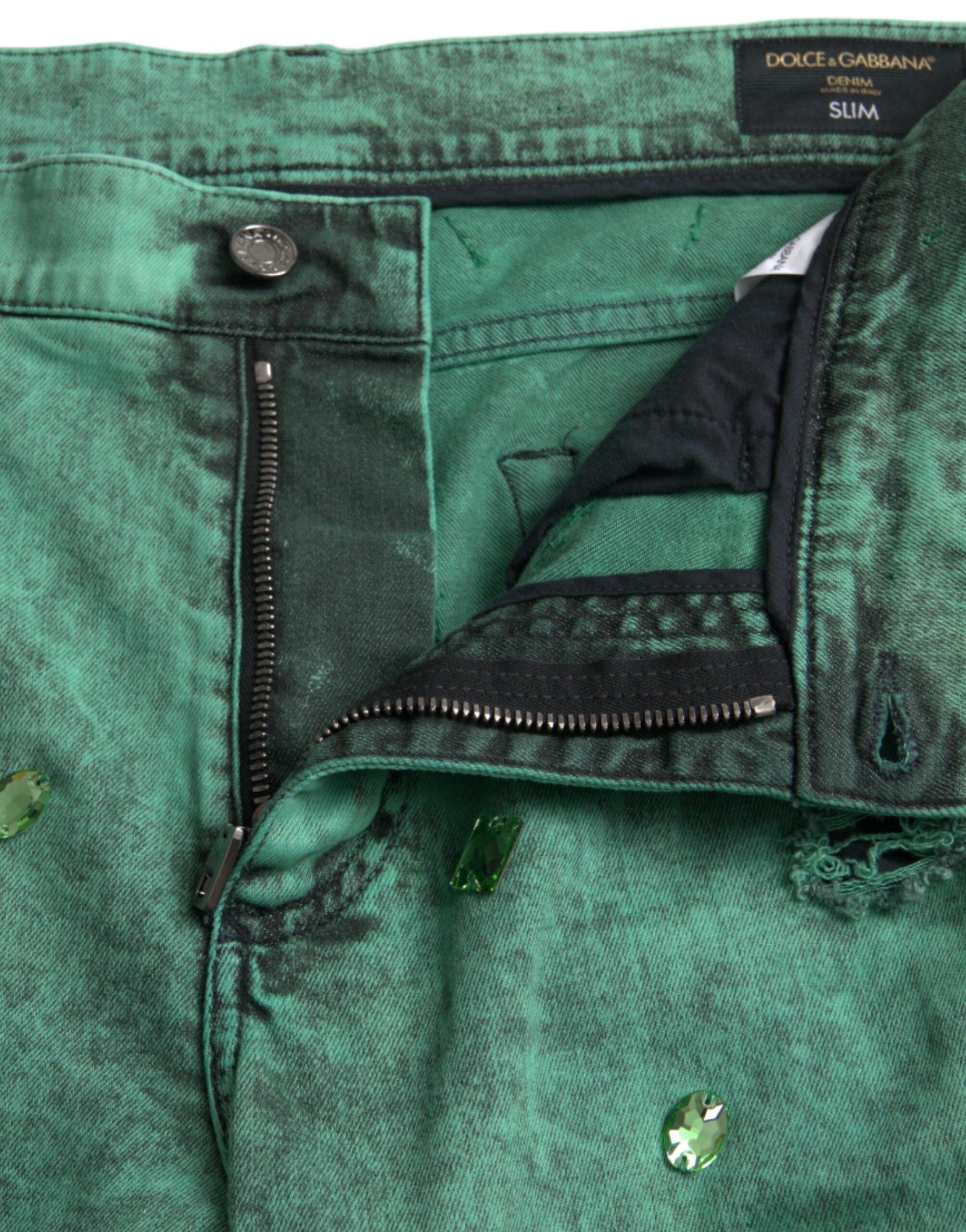 Green Crystals Cotton Stretch Slim Jeans - ventzia
