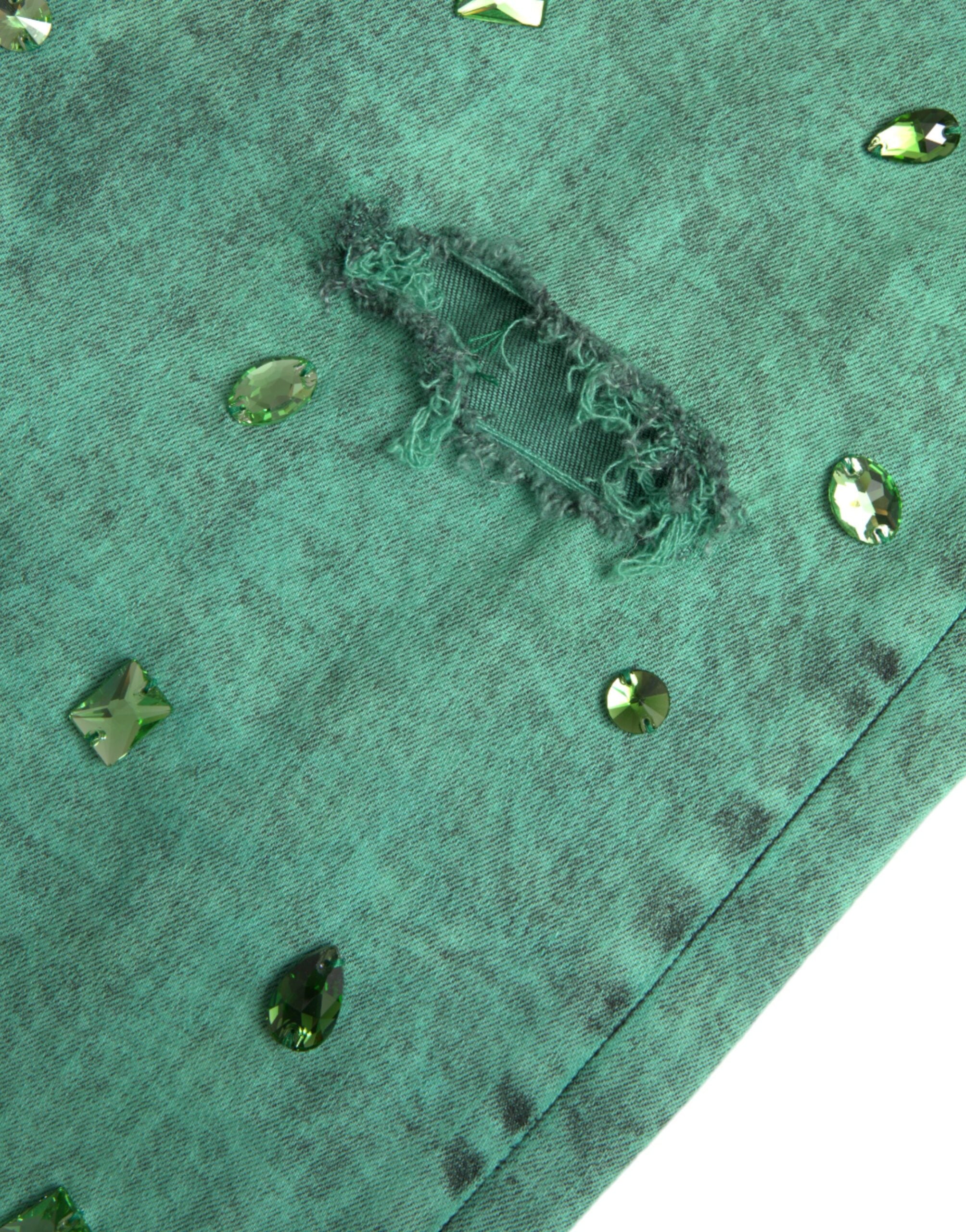 Green Crystals Cotton Stretch Slim Jeans - ventzia