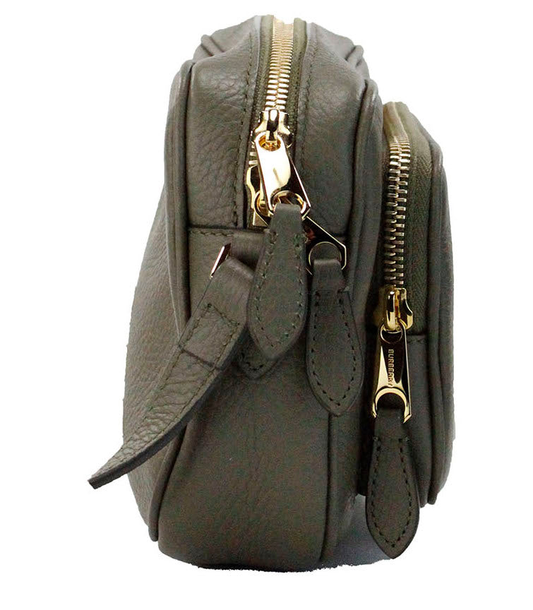 Small Branded Dark Fern Green Grainy Leather Camera Crossbody Bag - ventzia