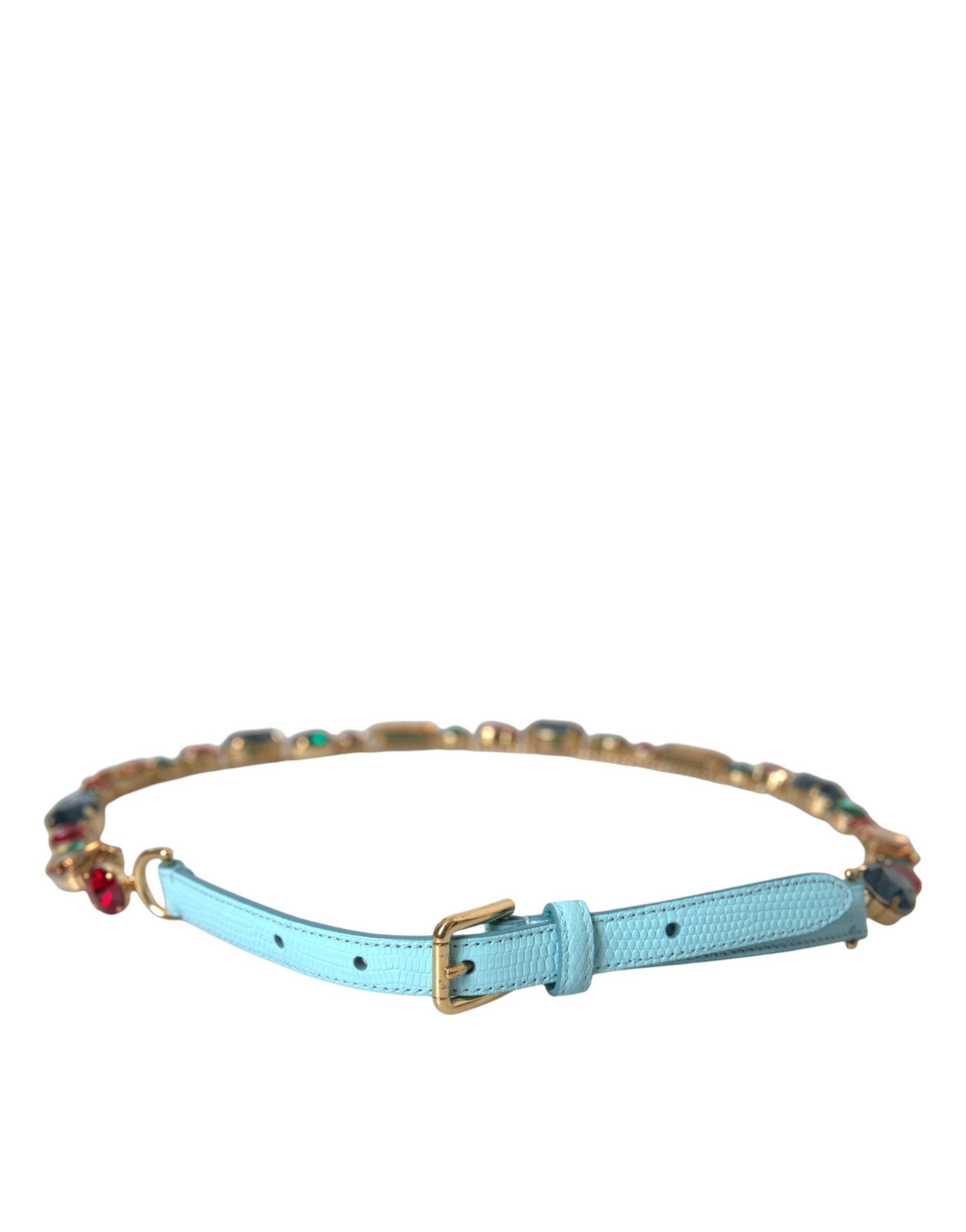 Light Blue Leather Crystal Chain Waist Belt - ventzia