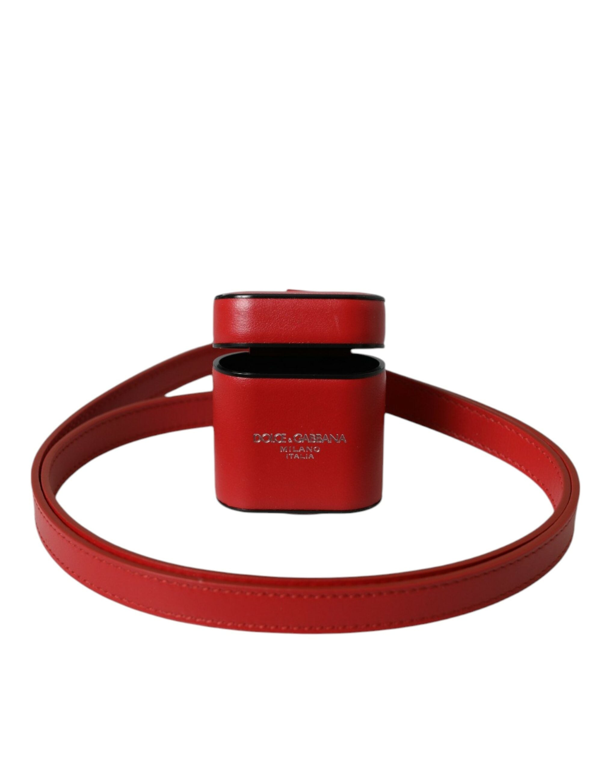 Red Calfskin Leather Logo Print Strap Men Airpods Case - ventzia