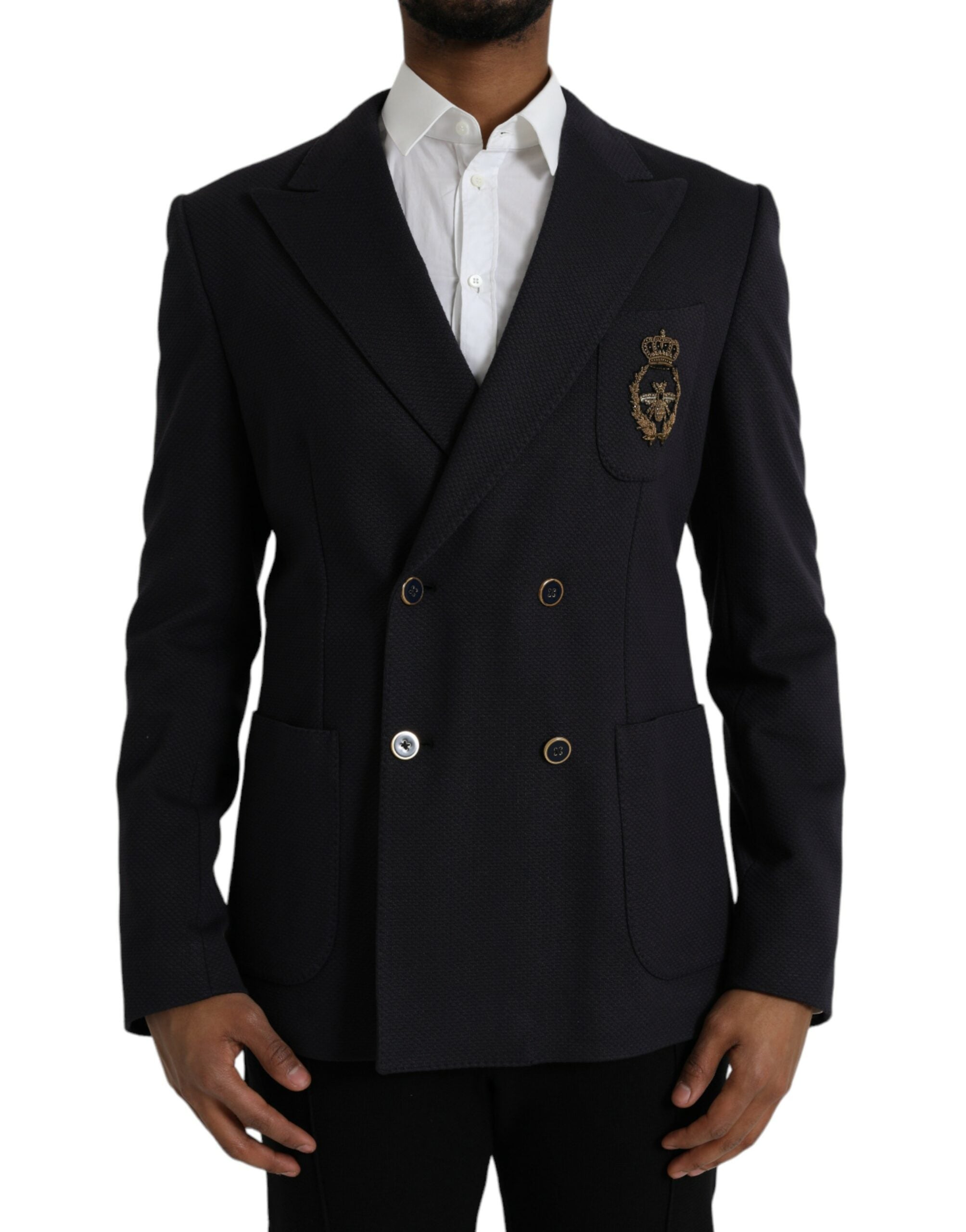 Dark Blue Crown Bee Double Breasted Blazer - ventzia