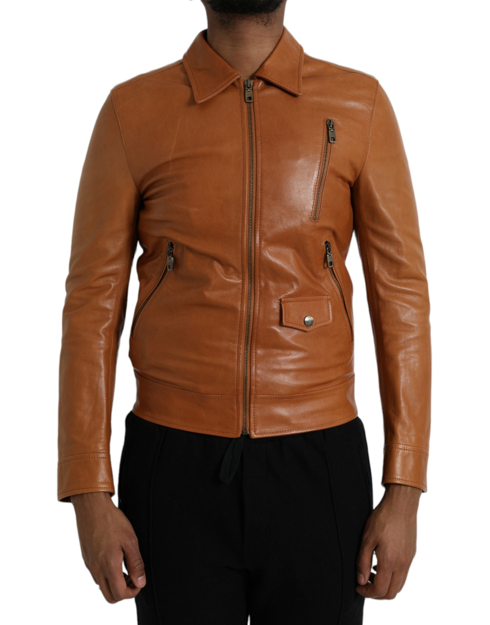 Brown Lamb Leather Full Zip Blouson Jacket - ventzia