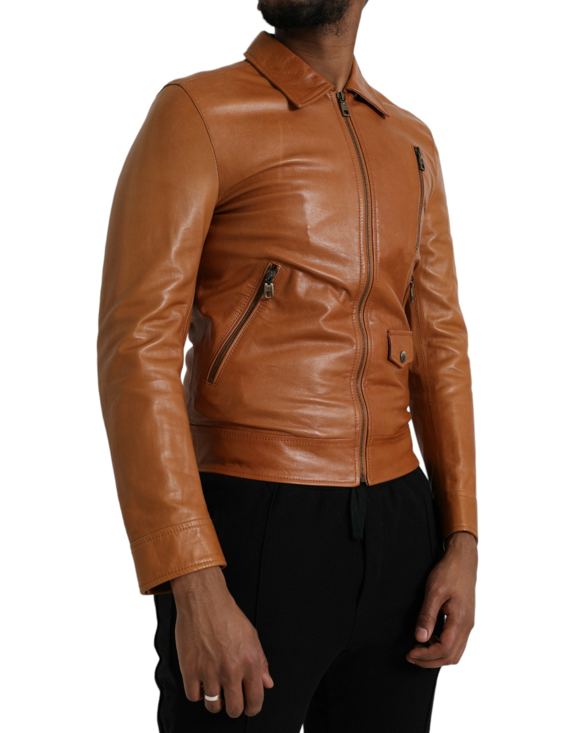 Brown Lamb Leather Full Zip Blouson Jacket - ventzia