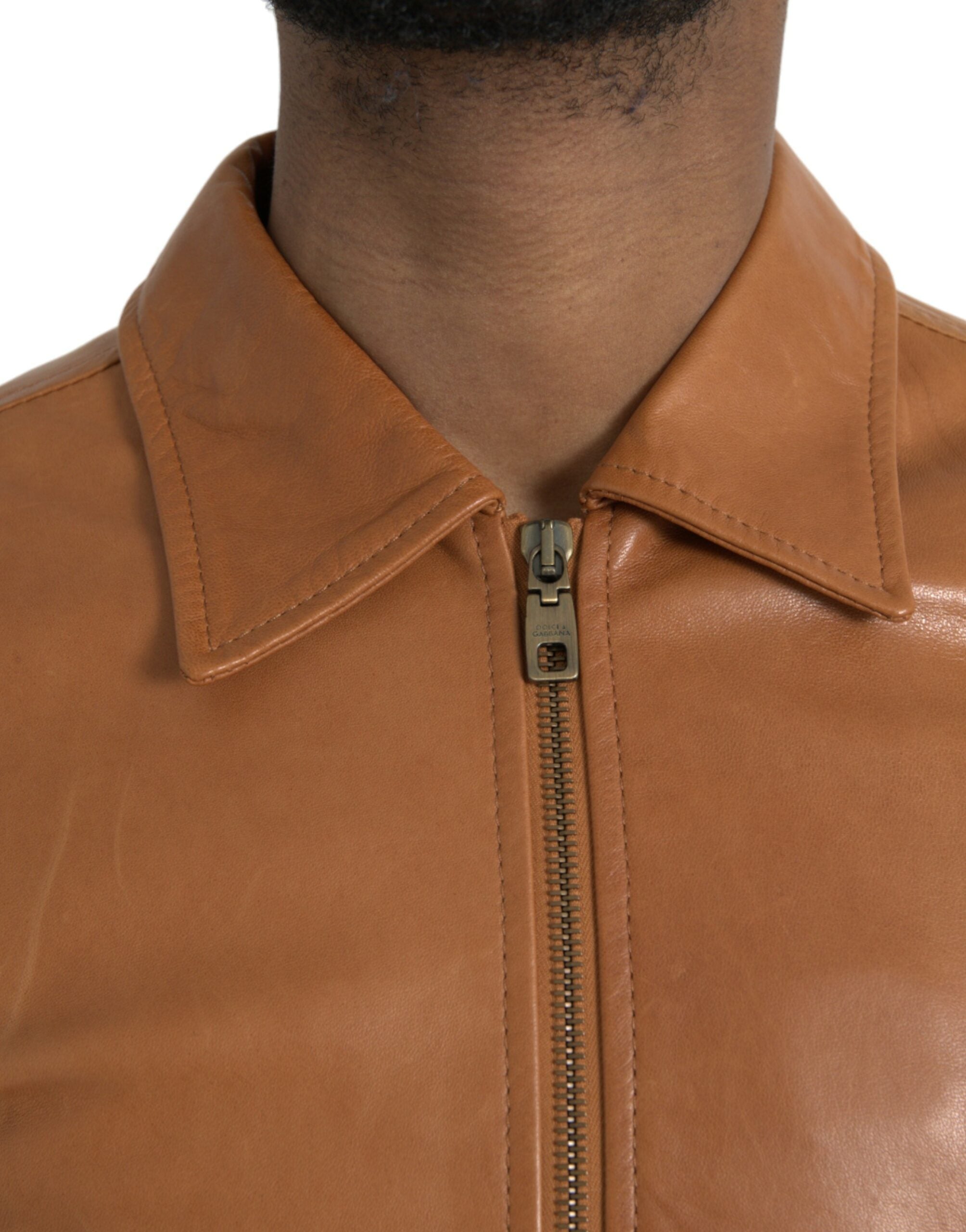 Brown Lamb Leather Full Zip Blouson Jacket - ventzia