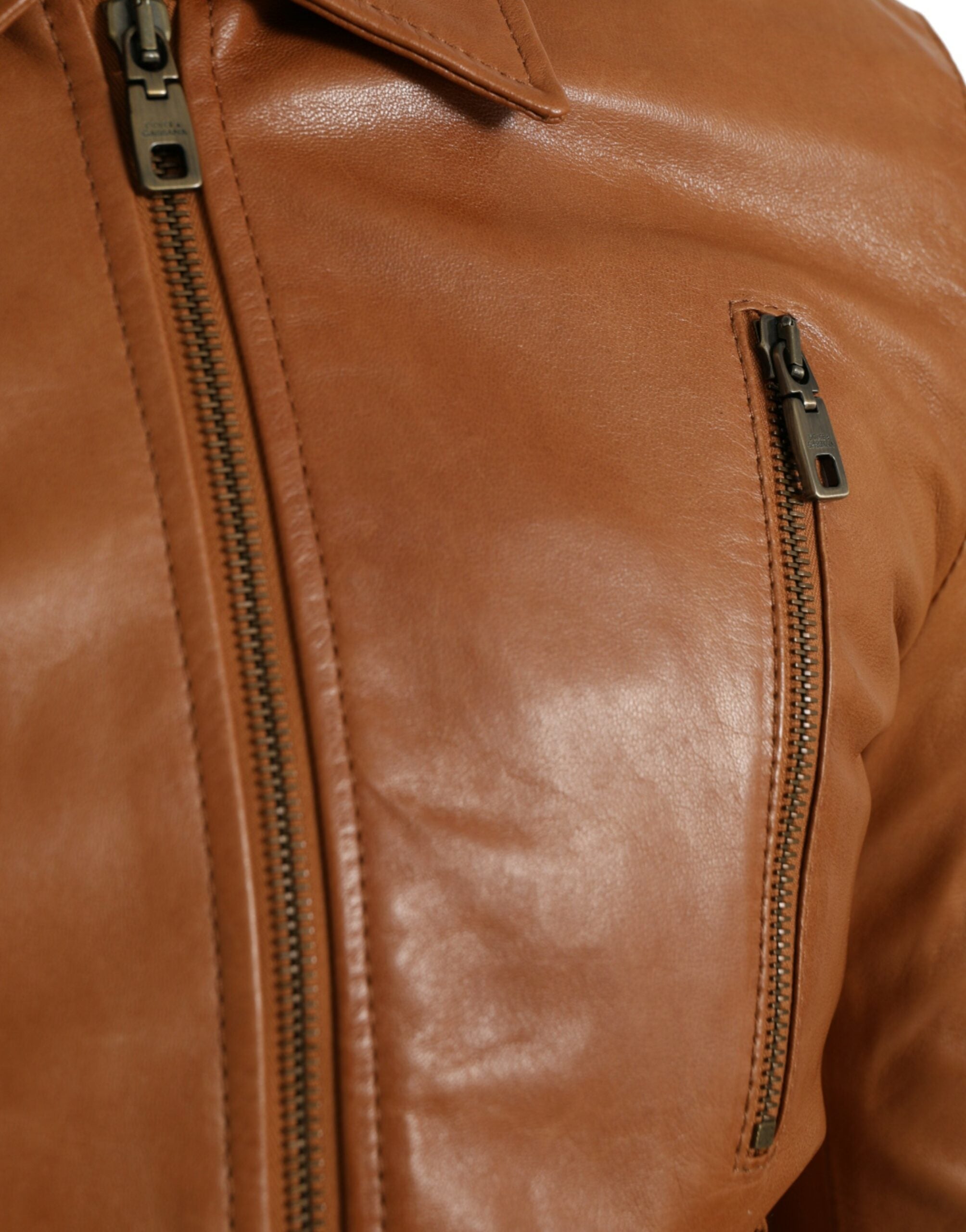 Brown Lamb Leather Full Zip Blouson Jacket - ventzia