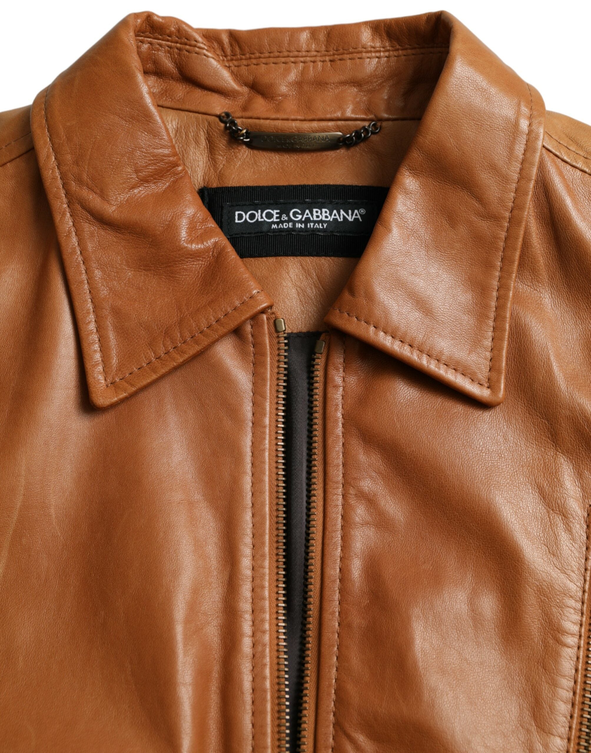 Brown Lamb Leather Full Zip Blouson Jacket - ventzia