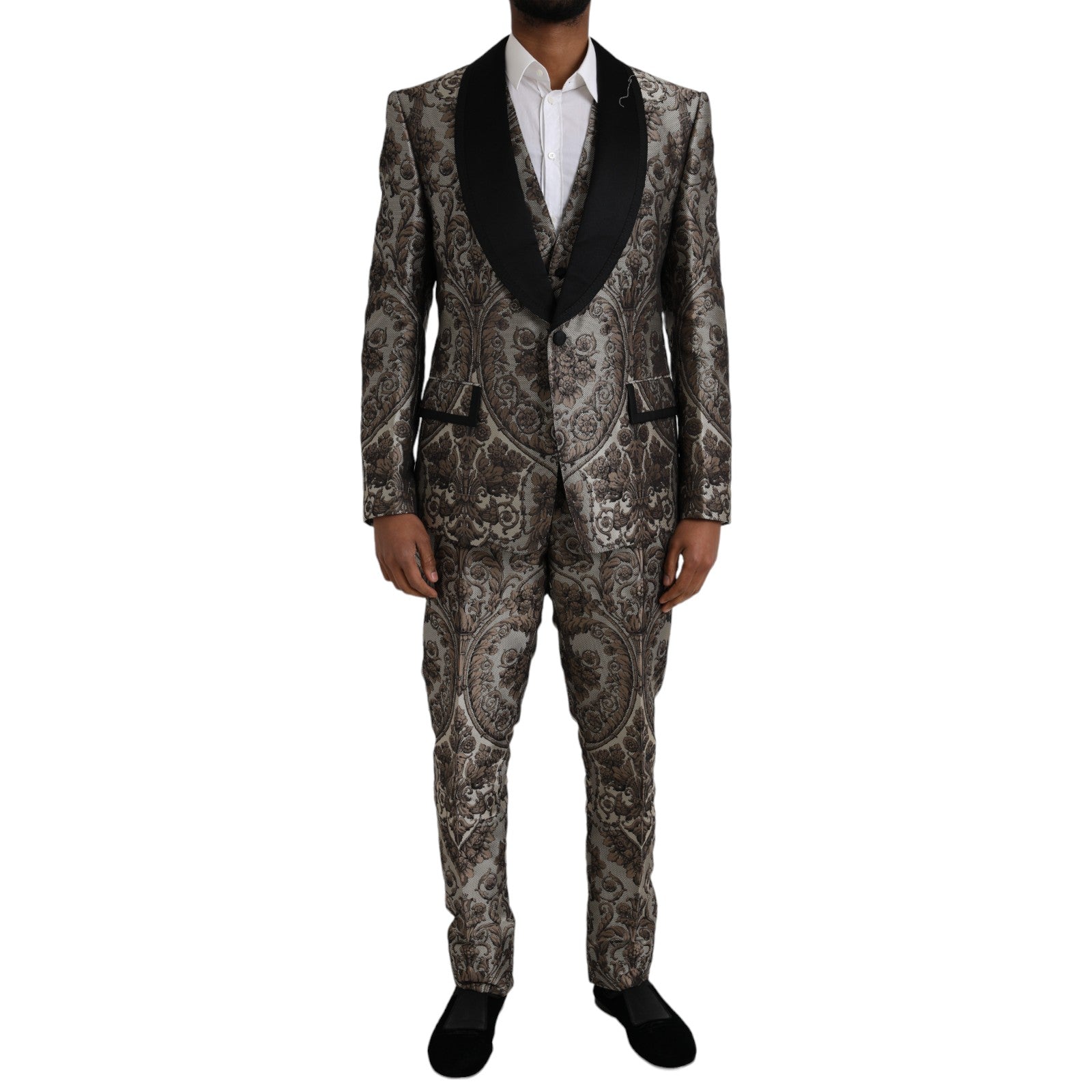 Brown Floral Jacquard Formal 3 Piece Suit - ventzia