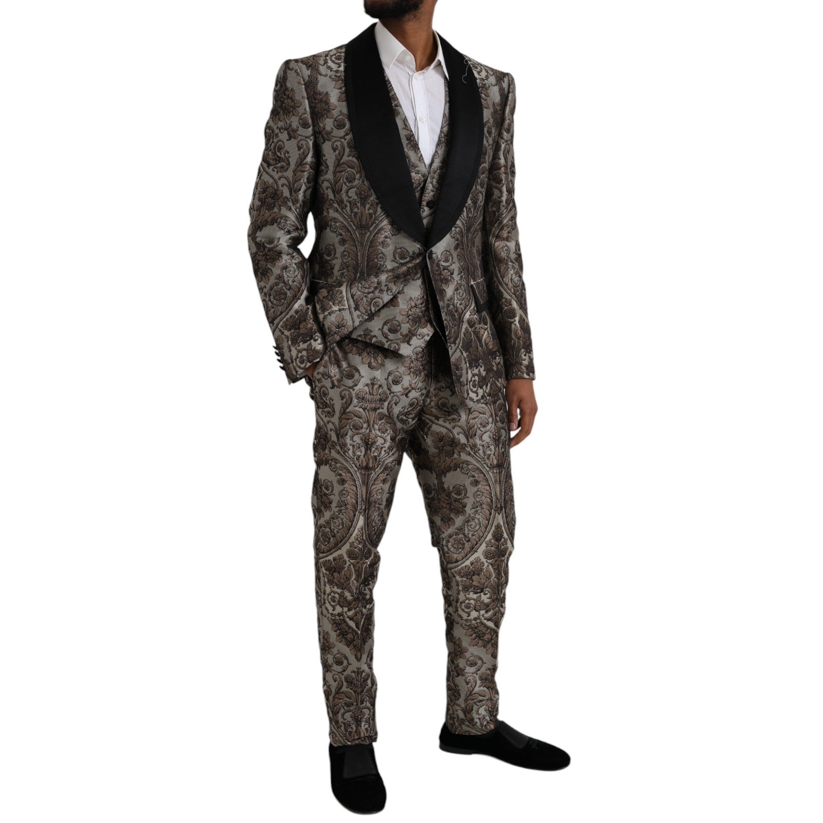 Brown Floral Jacquard Formal 3 Piece Suit - ventzia