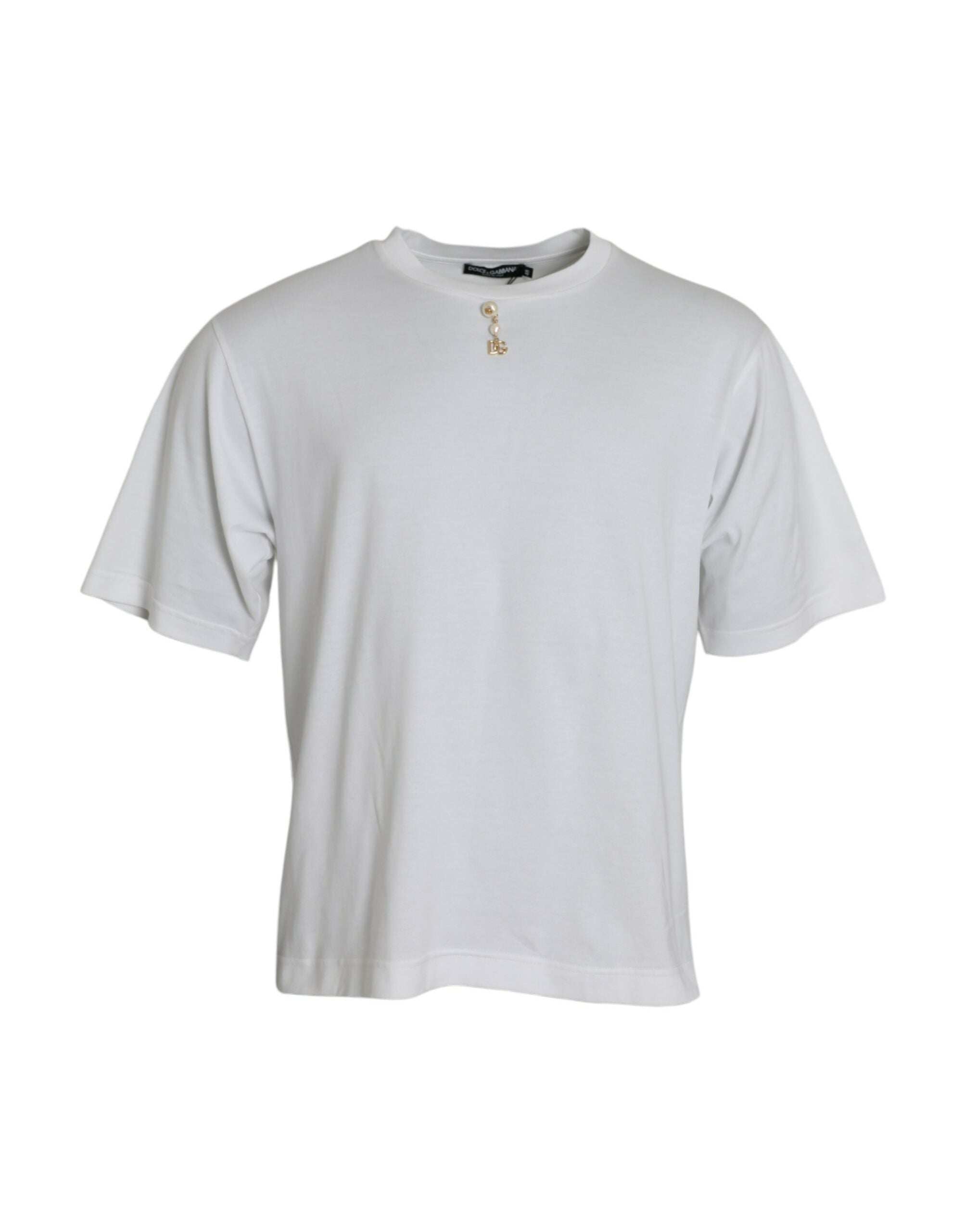 White Embellished Cotton Crew Neck T-shirt - ventzia