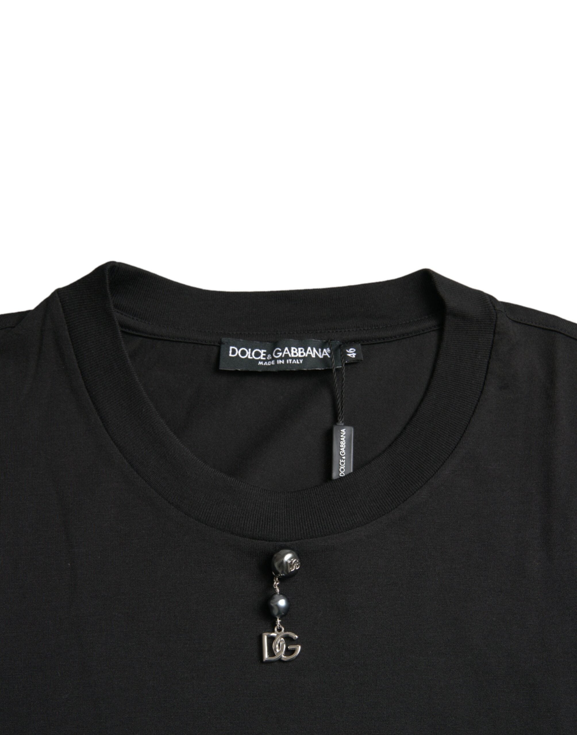 Black Embellished Cotton Crew Neck T-shirt - ventzia