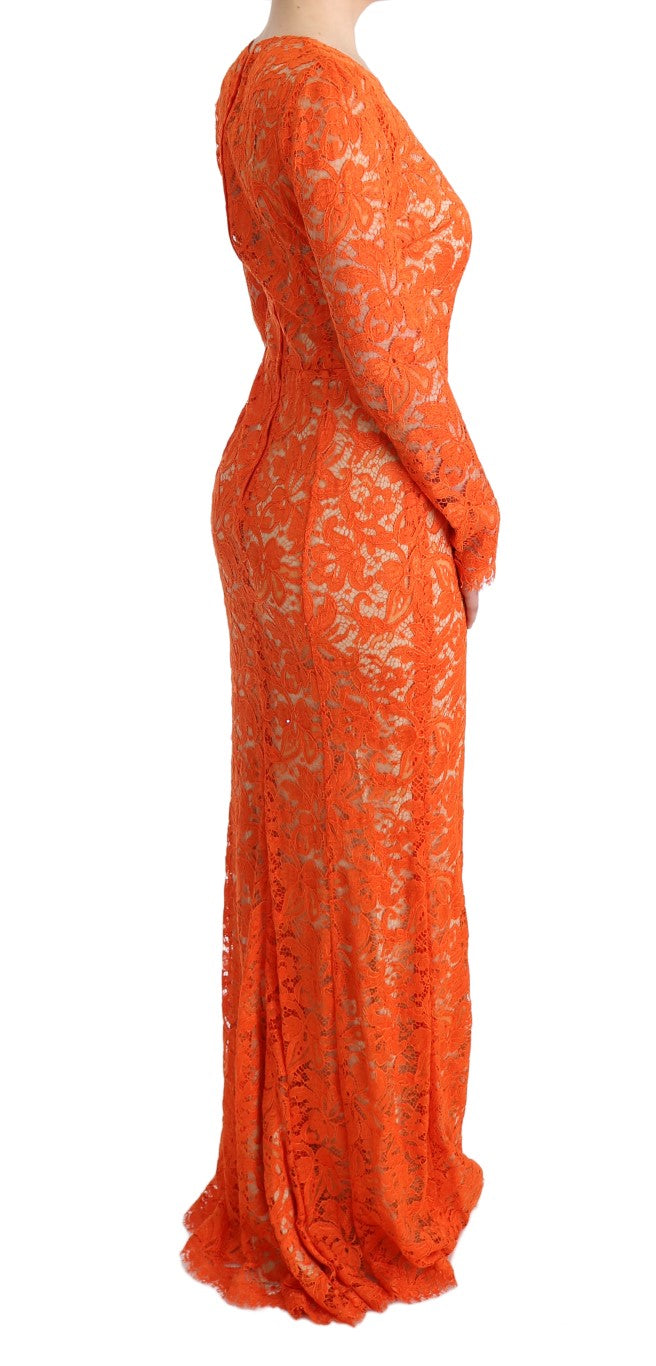 Elegant Long-Sleeve Full-Length Orange Sheath Dress - ventzia